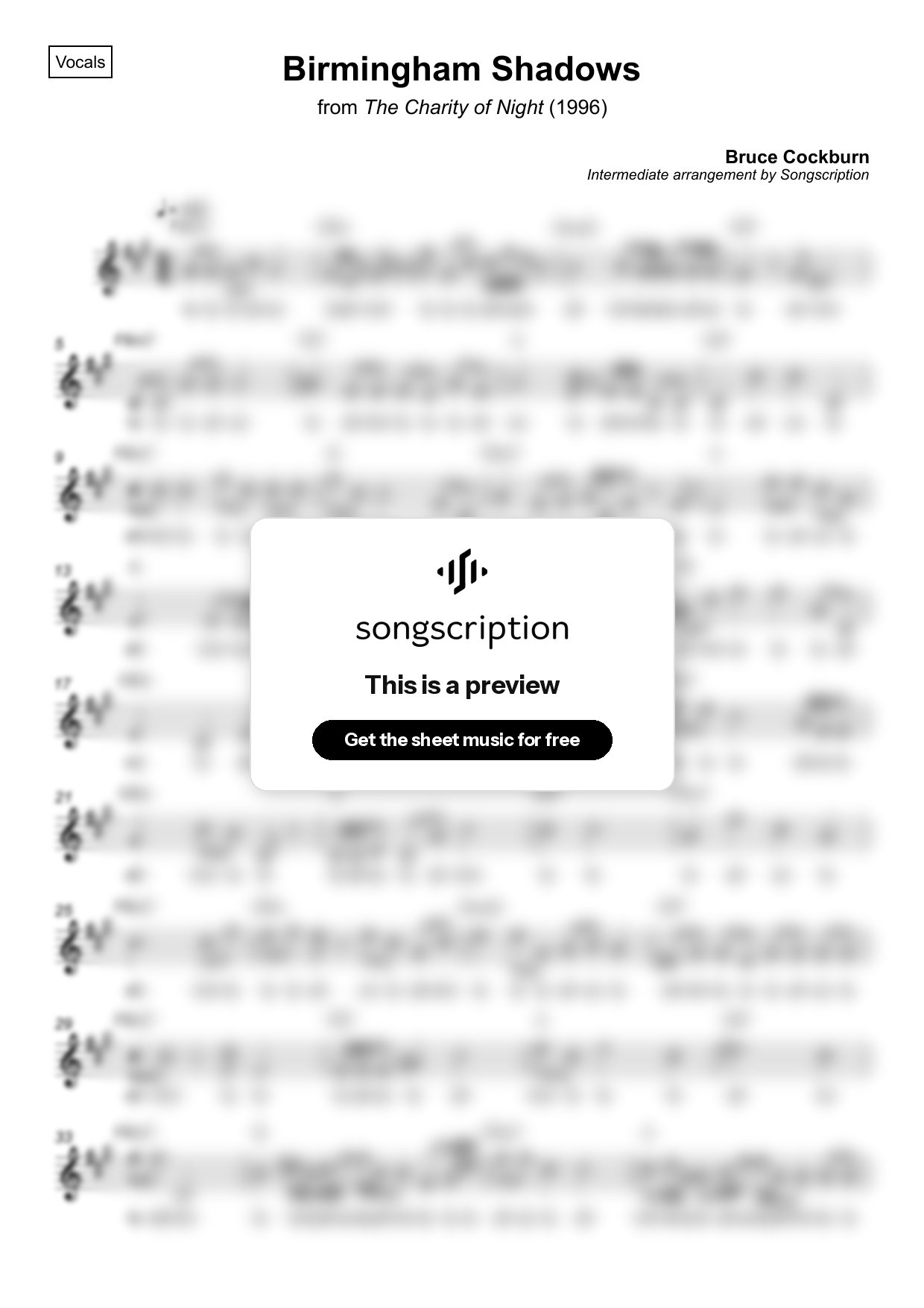 Intermediate Vocals Sheet Music for "Birmingham Shadows" by Bruce Cockburn
