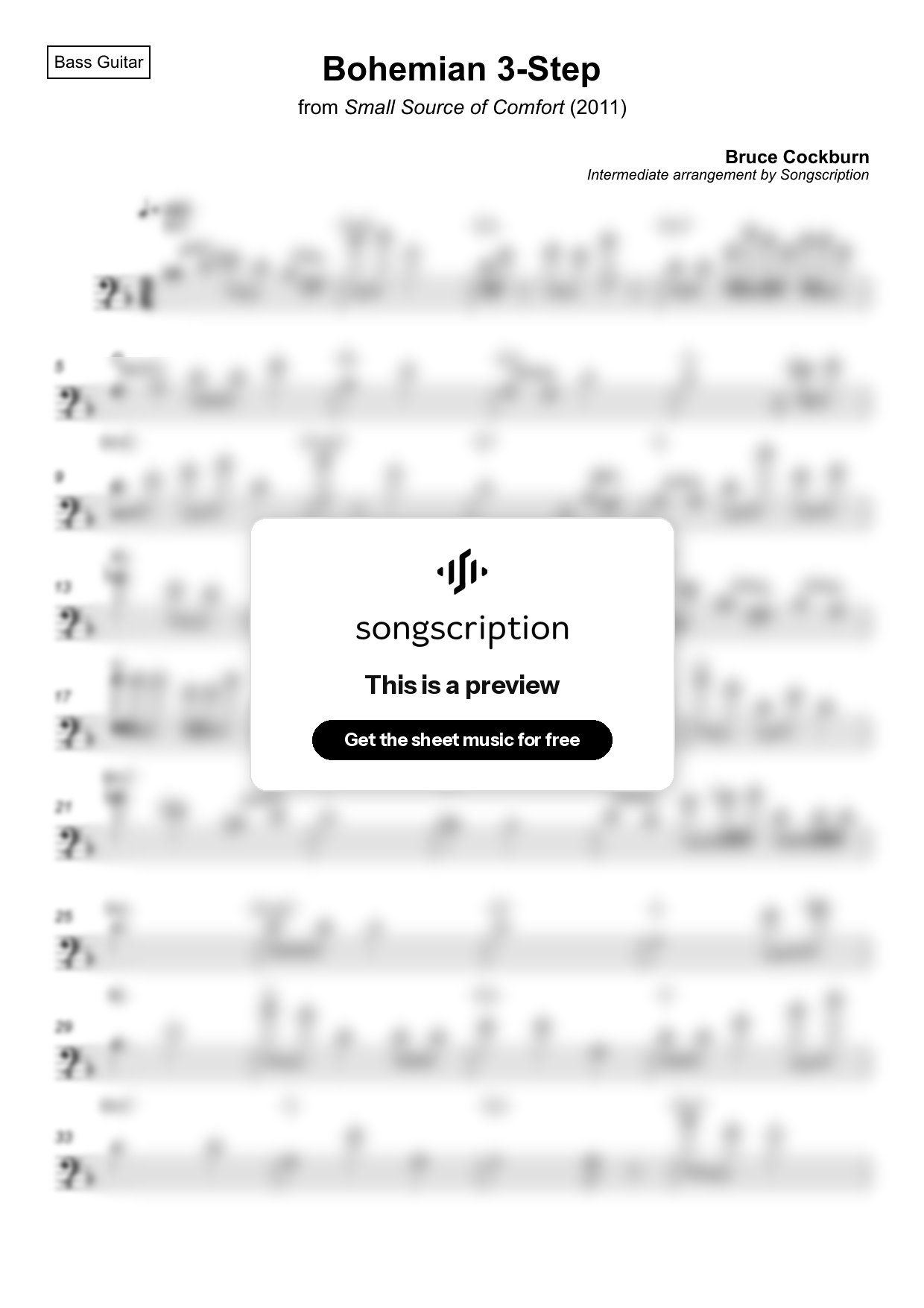 Intermediate Bass Guitar Sheet Music for "Bohemian 3-Step" by Bruce Cockburn