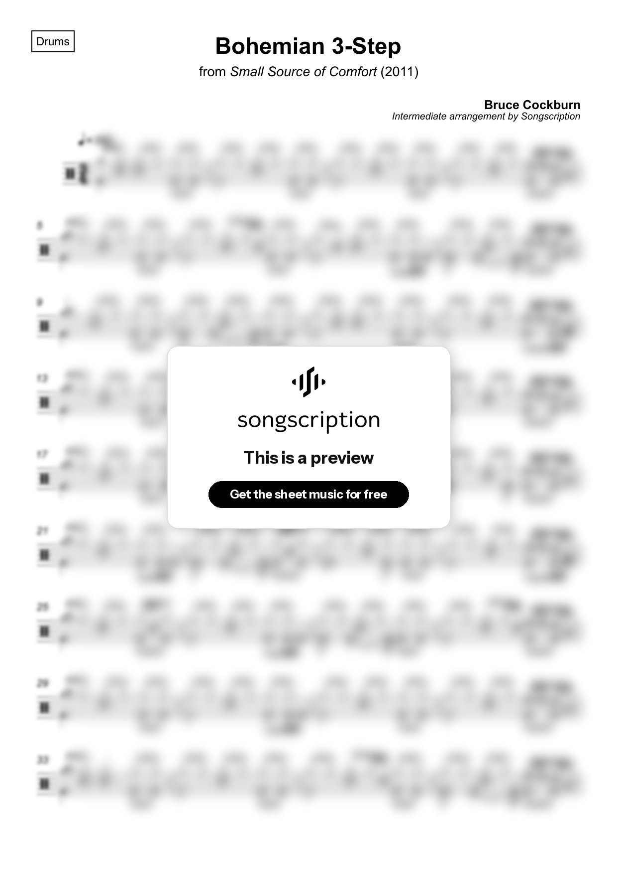 Intermediate Drums Sheet Music for "Bohemian 3-Step" by Bruce Cockburn
