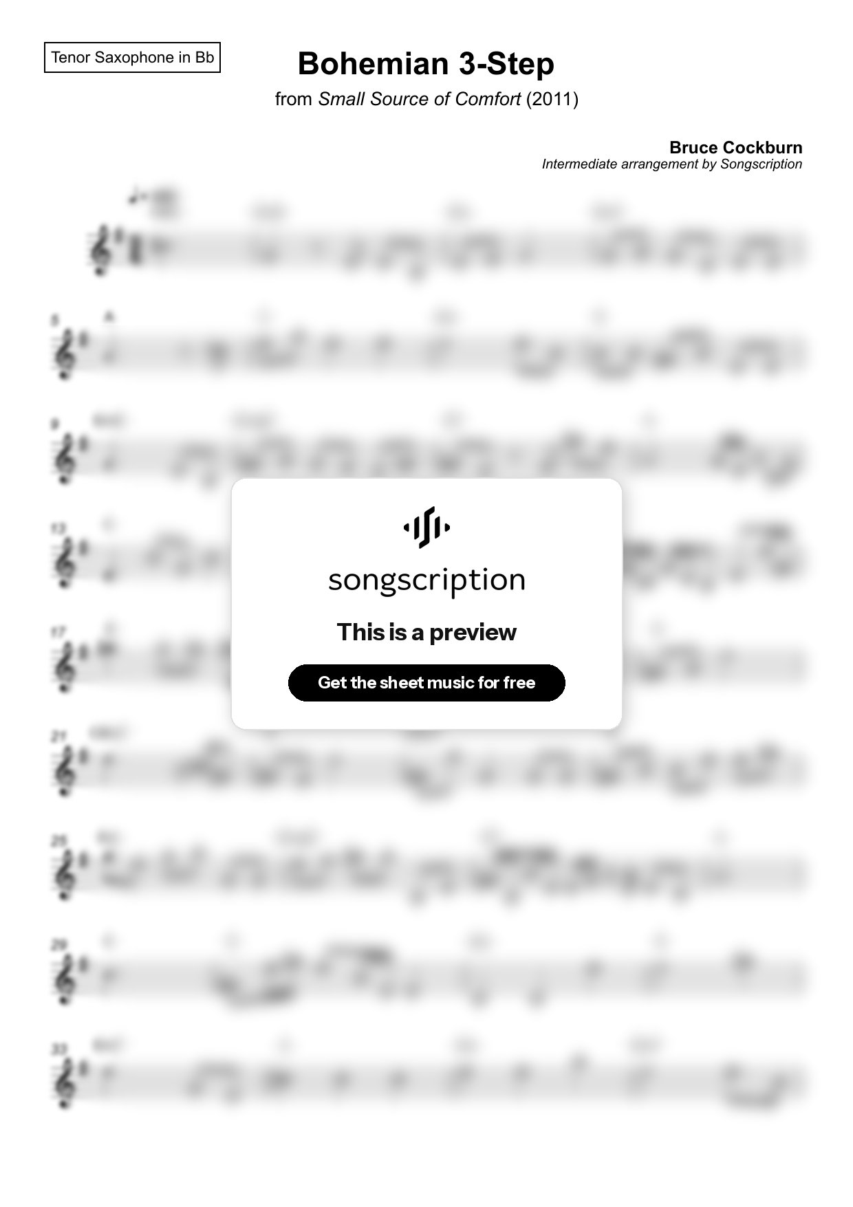 Intermediate Tenor Sax Sheet Music for "Bohemian 3-Step" by Bruce Cockburn