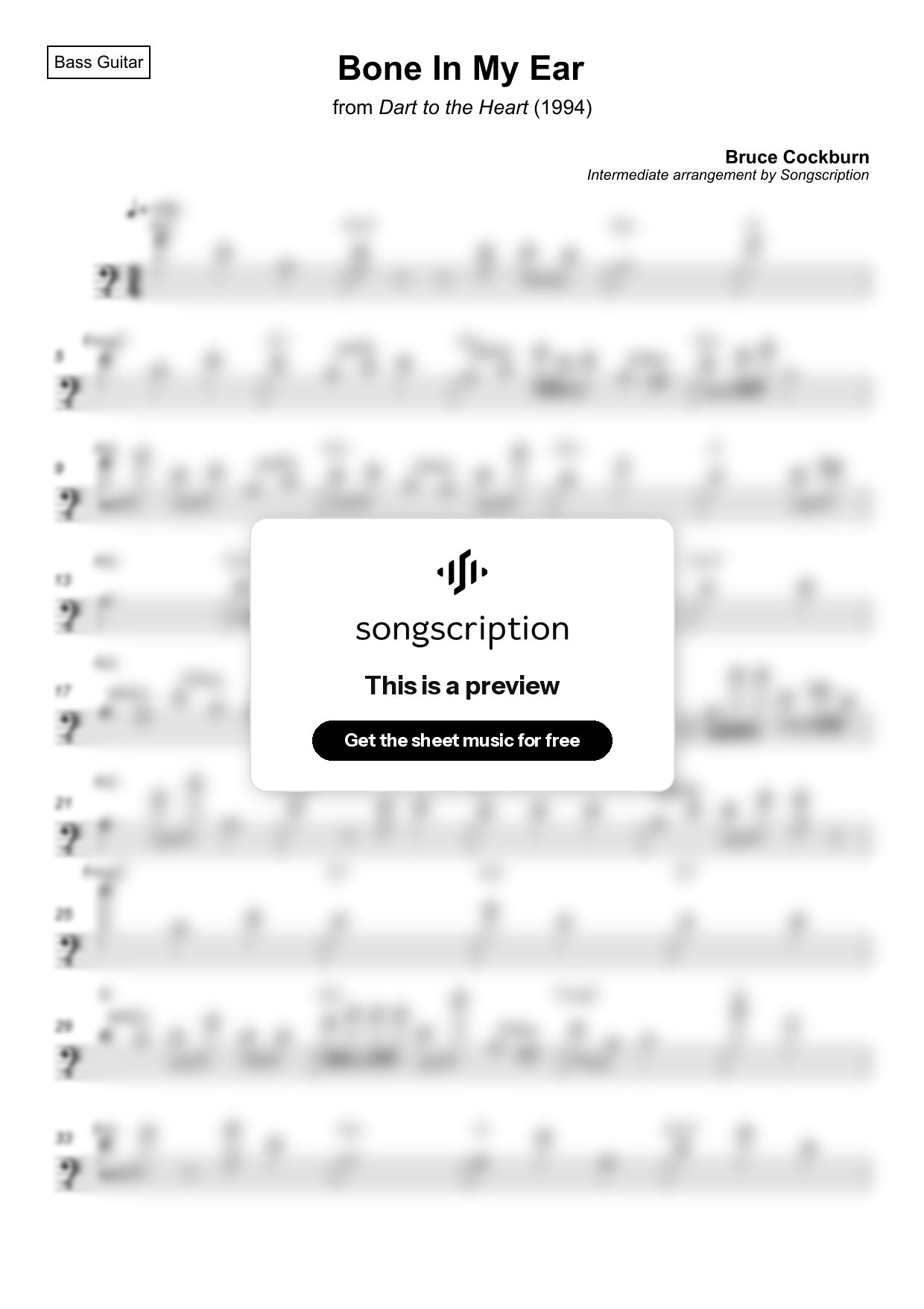 Intermediate Bass Guitar Sheet Music for "Bone In My Ear" by Bruce Cockburn