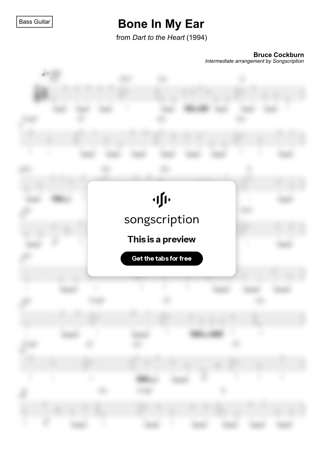 Intermediate Bass Guitar Tabs for "Bone In My Ear" by Bruce Cockburn