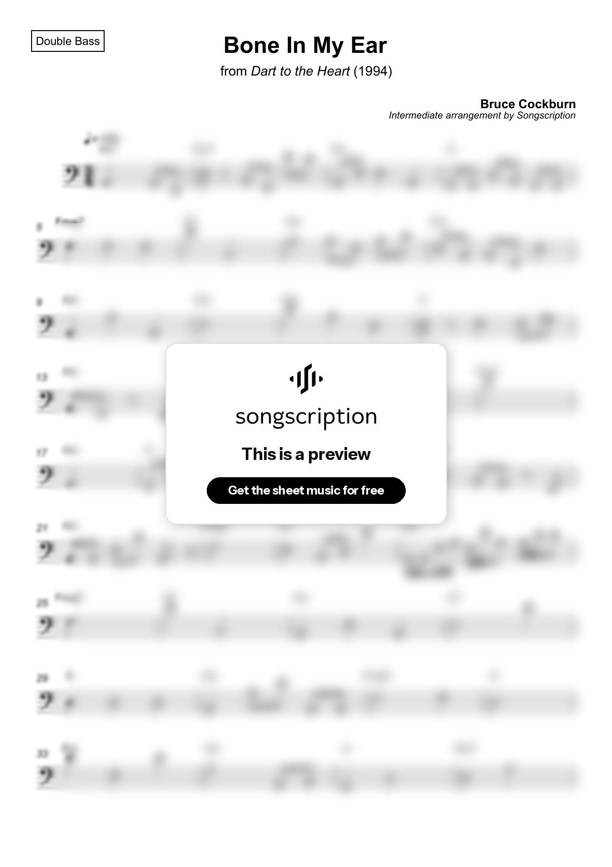 Intermediate Double Bass Sheet Music for "Bone In My Ear" by Bruce Cockburn