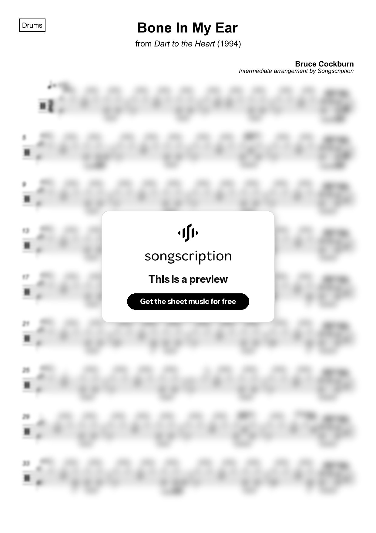 Intermediate Drums Sheet Music for "Bone In My Ear" by Bruce Cockburn
