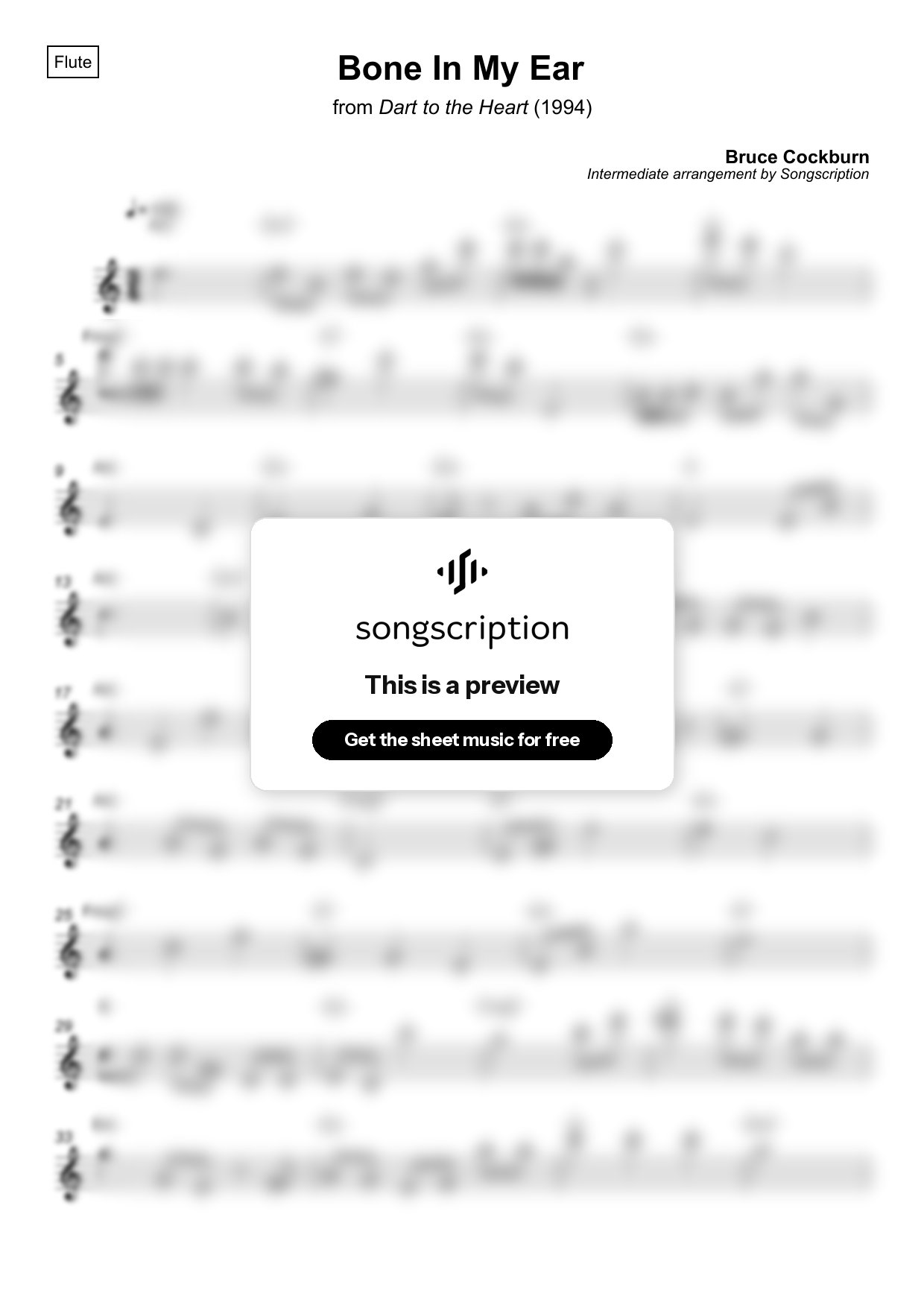 Intermediate Flute Sheet Music for "Bone In My Ear" by Bruce Cockburn