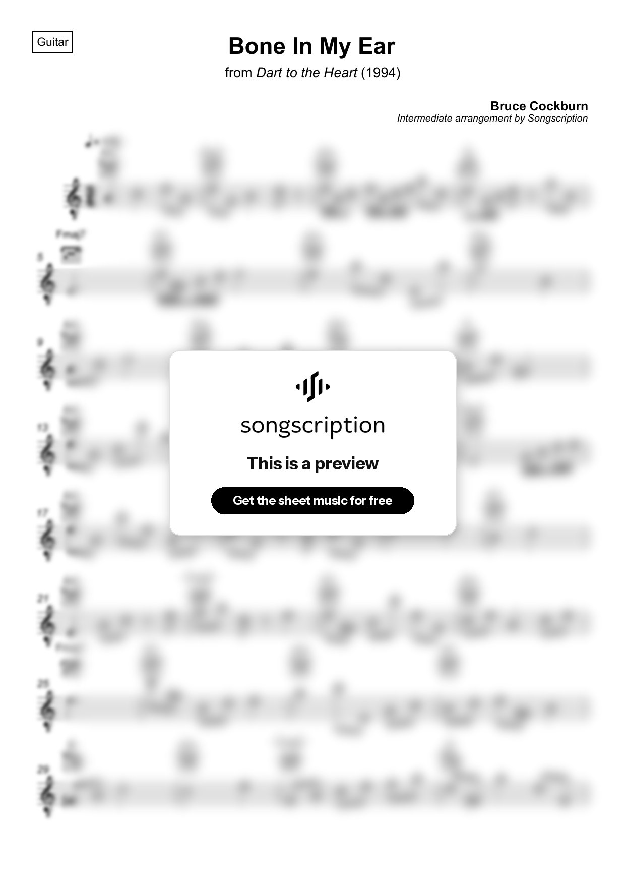 Intermediate Acoustic Guitar Sheet Music for "Bone In My Ear" by Bruce Cockburn