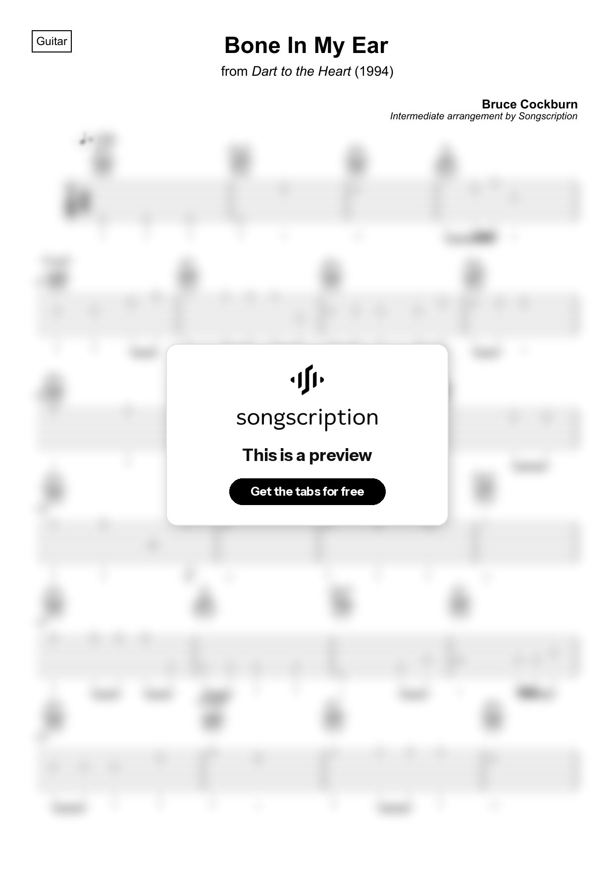 Intermediate Acoustic Guitar Tabs for "Bone In My Ear" by Bruce Cockburn