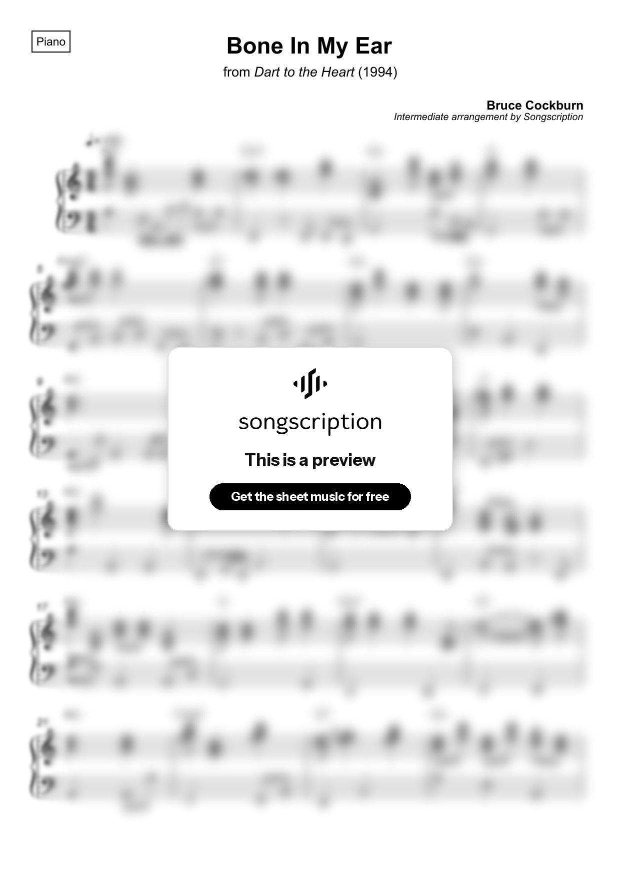 Intermediate Piano Sheet Music for "Bone In My Ear" by Bruce Cockburn