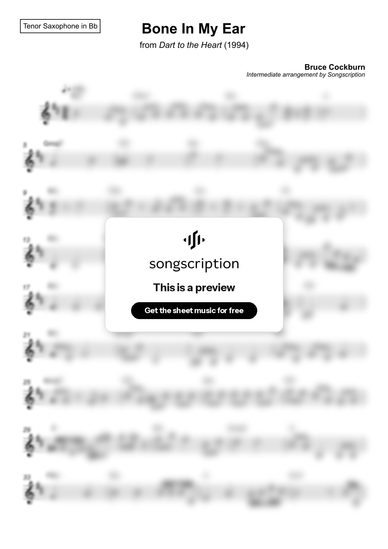 Intermediate Tenor Sax Sheet Music for "Bone In My Ear" by Bruce Cockburn