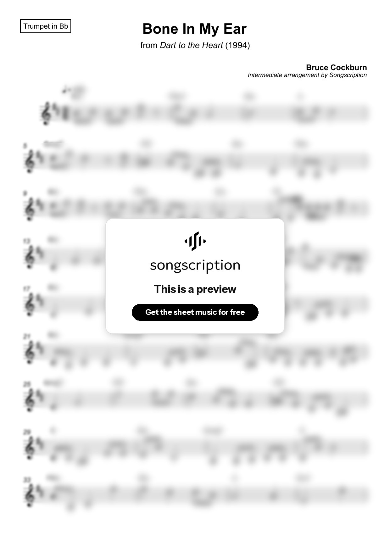 Intermediate Trumpet Sheet Music for "Bone In My Ear" by Bruce Cockburn