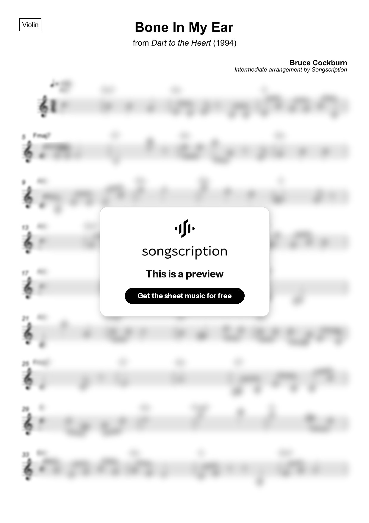 Intermediate Violin Sheet Music for "Bone In My Ear" by Bruce Cockburn