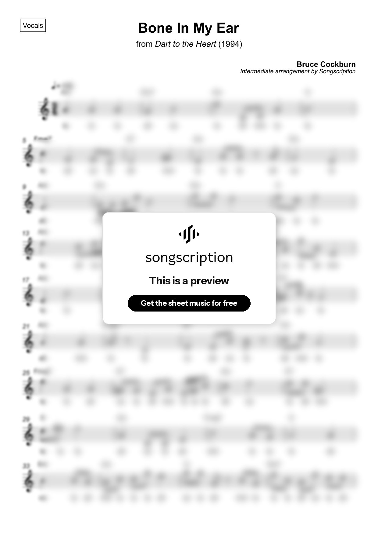 Intermediate Vocals Sheet Music for "Bone In My Ear" by Bruce Cockburn