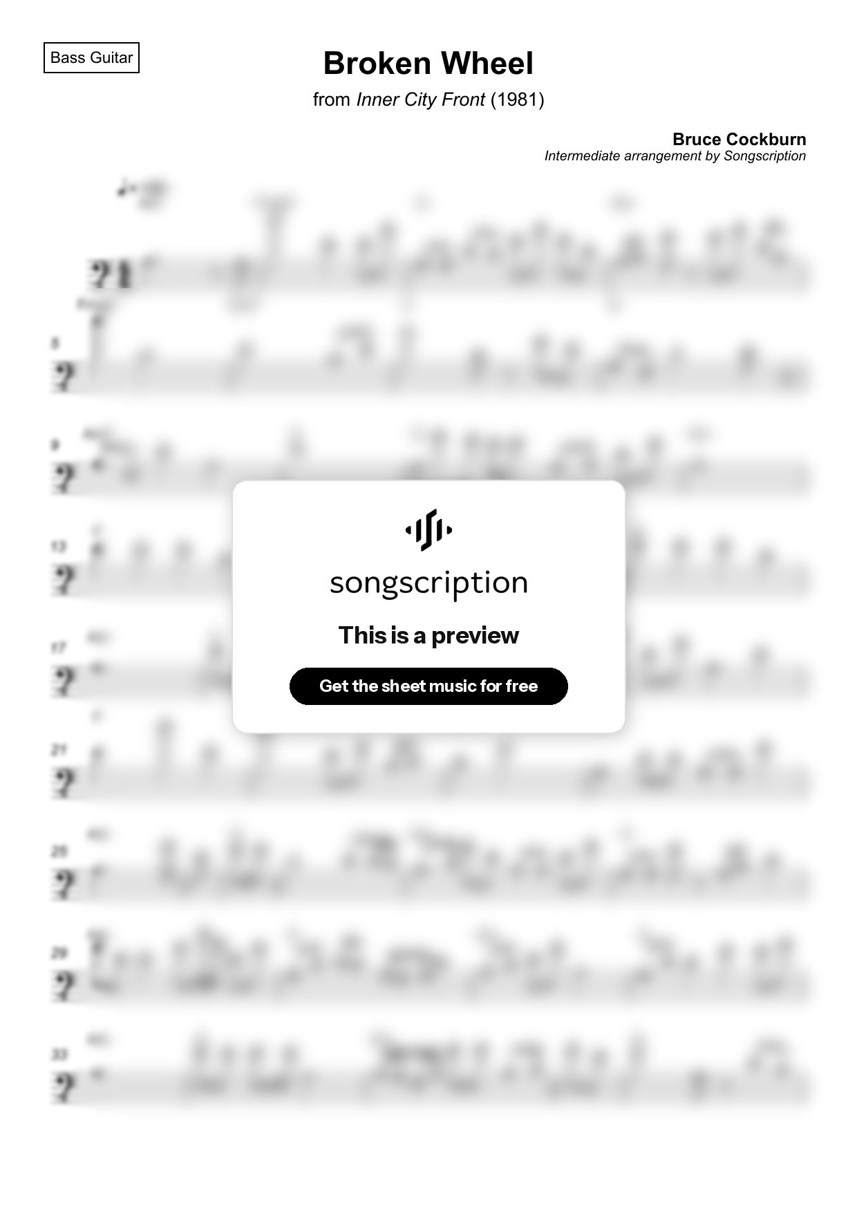 Intermediate Bass Guitar Sheet Music for "Broken Wheel" by Bruce Cockburn