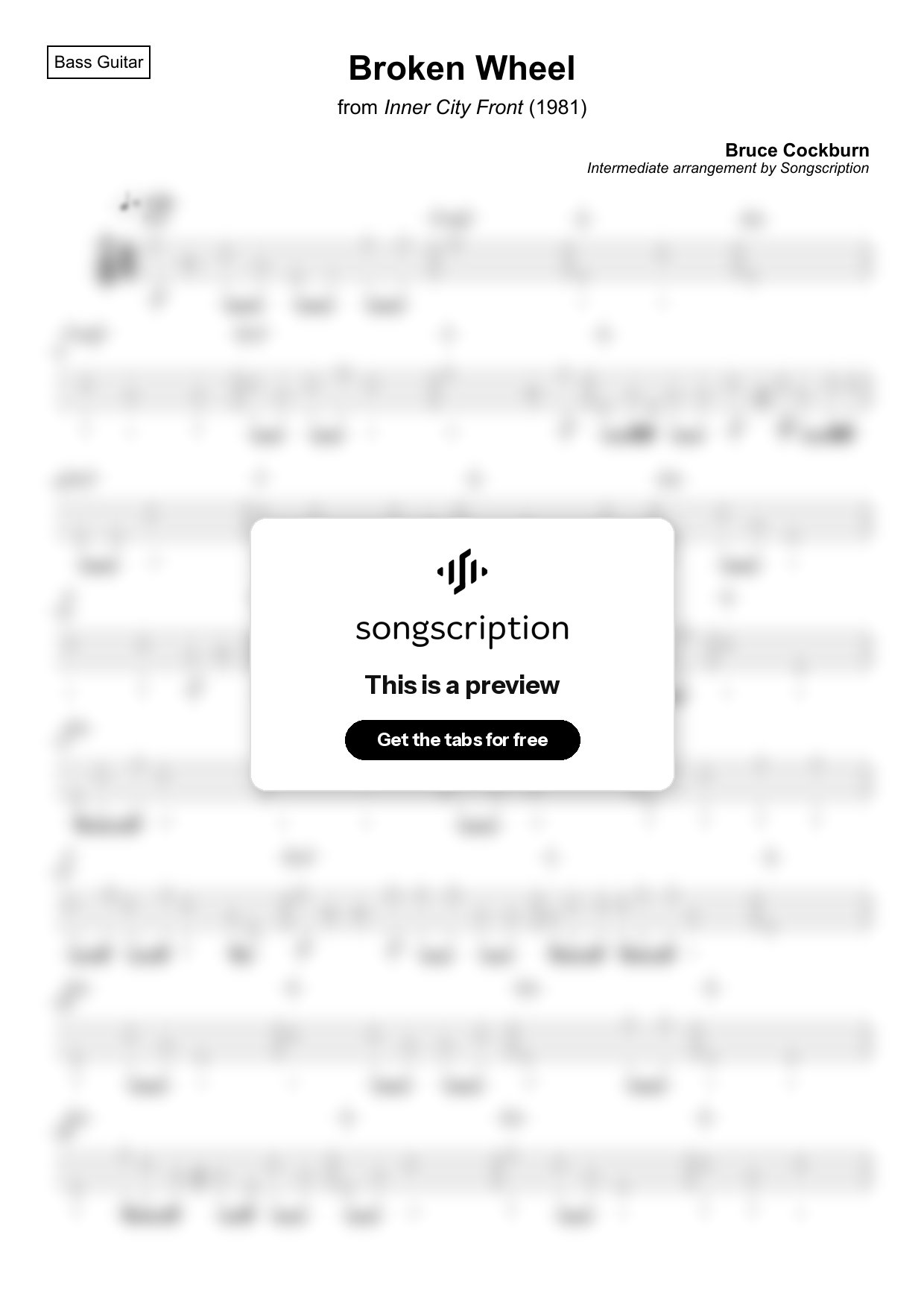 Intermediate Bass Guitar Tabs for "Broken Wheel" by Bruce Cockburn