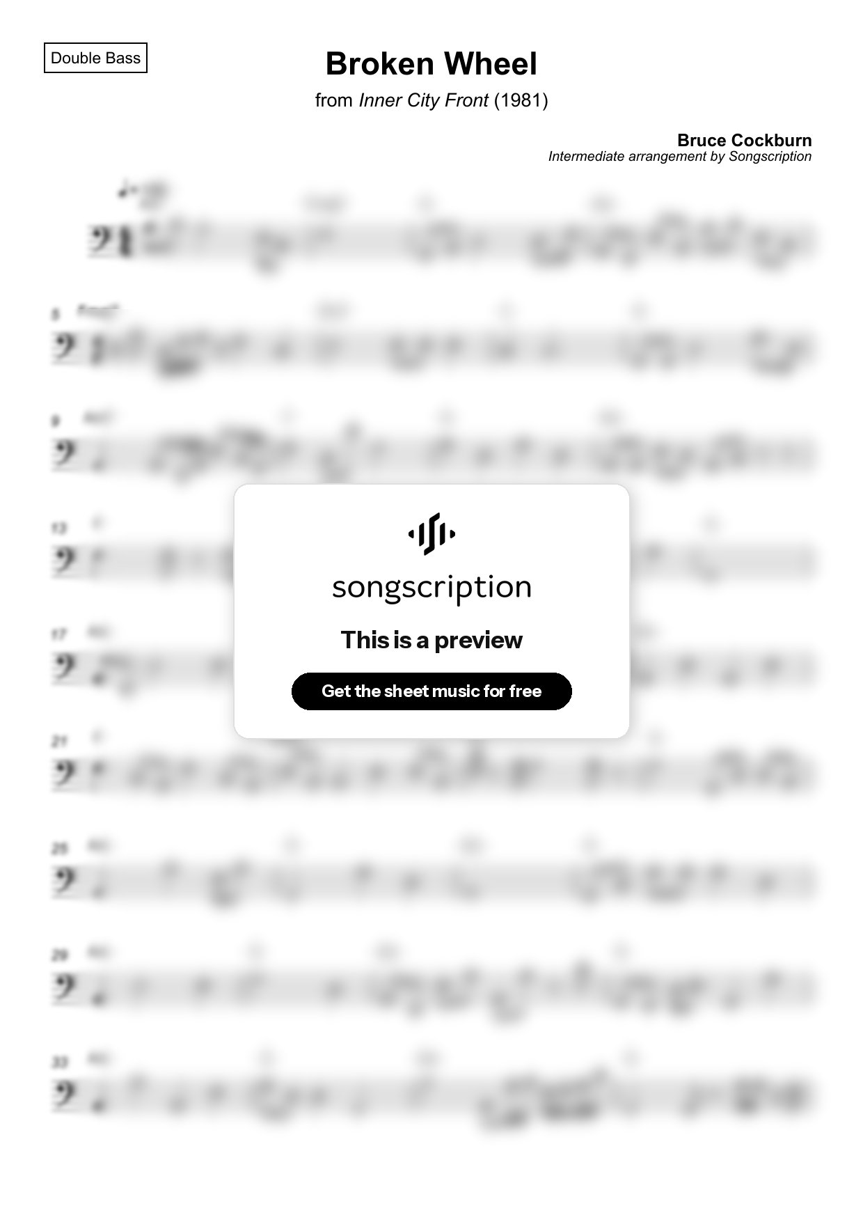 Intermediate Double Bass Sheet Music for "Broken Wheel" by Bruce Cockburn