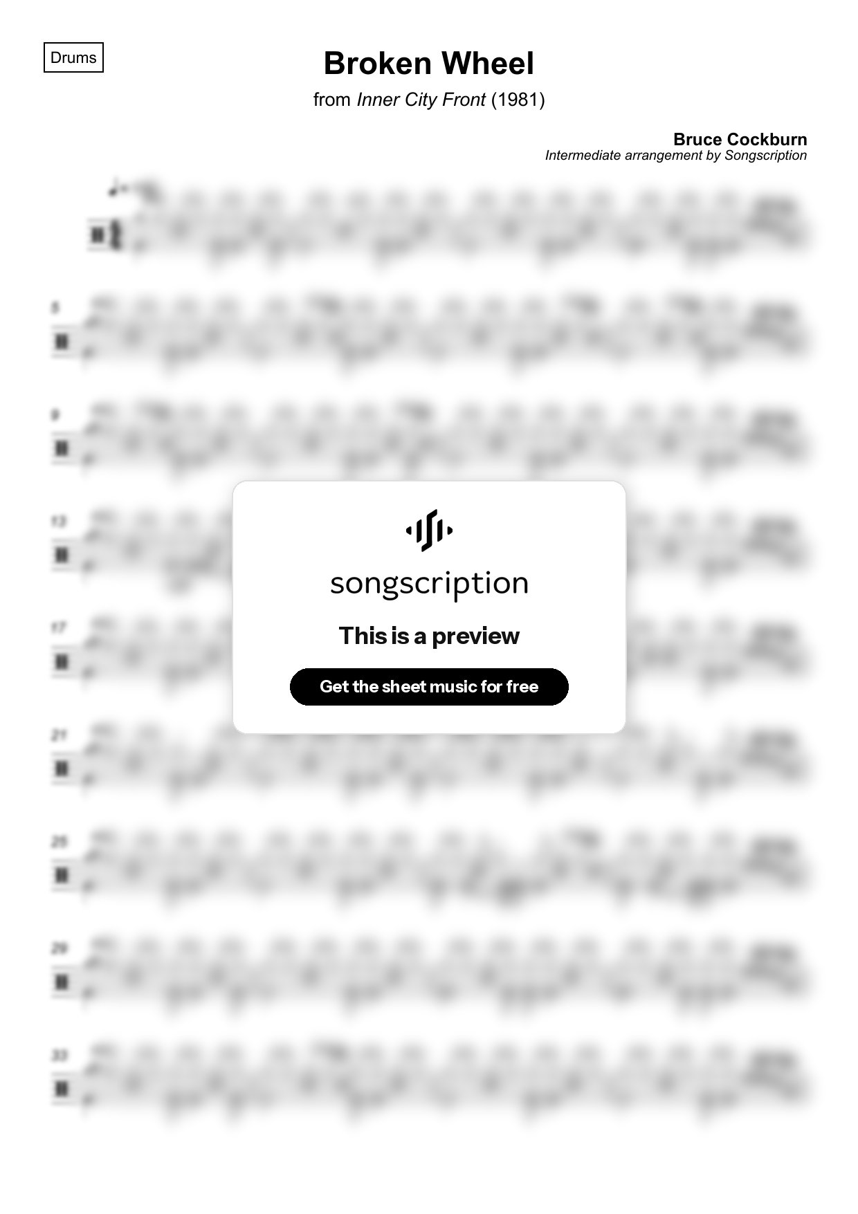 Intermediate Drums Sheet Music for "Broken Wheel" by Bruce Cockburn