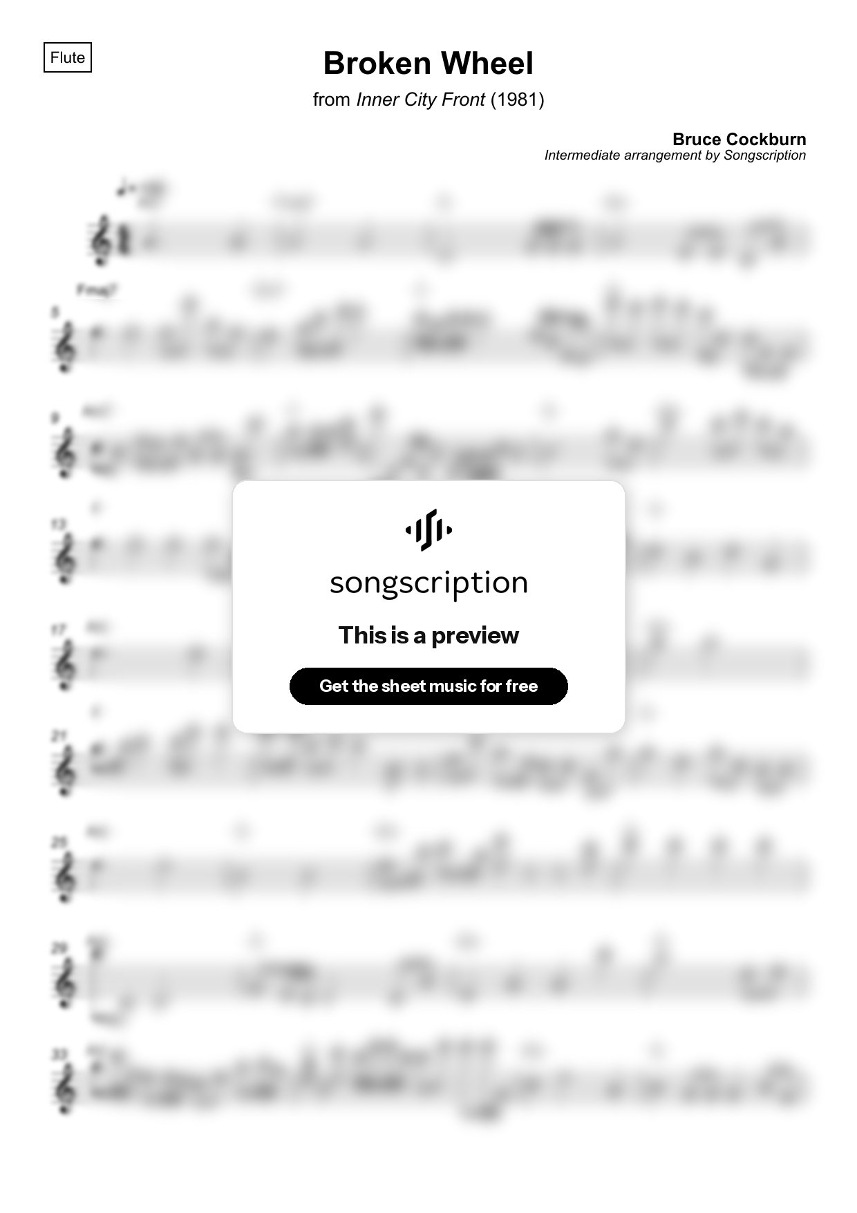 Intermediate Flute Sheet Music for "Broken Wheel" by Bruce Cockburn