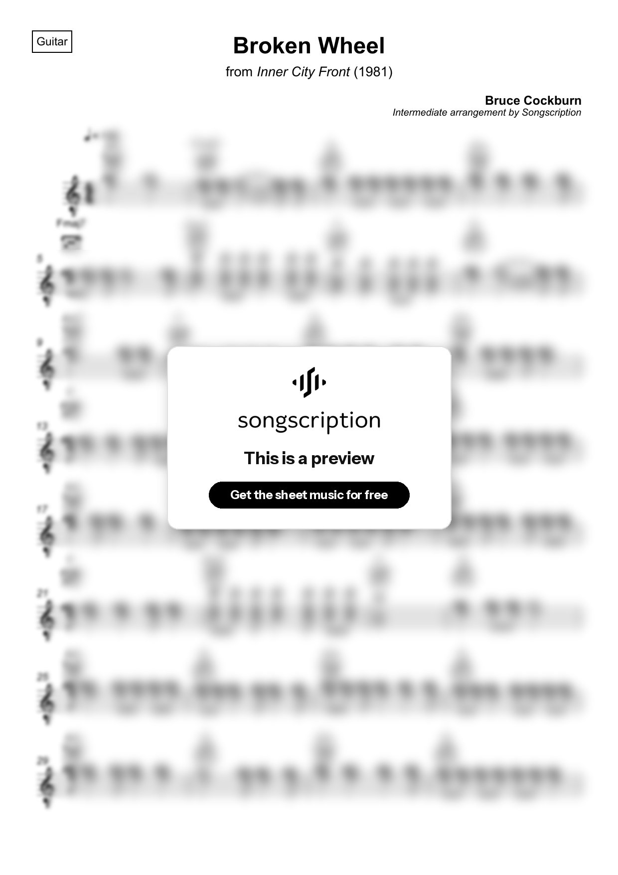 Intermediate Acoustic Guitar Sheet Music for "Broken Wheel" by Bruce Cockburn