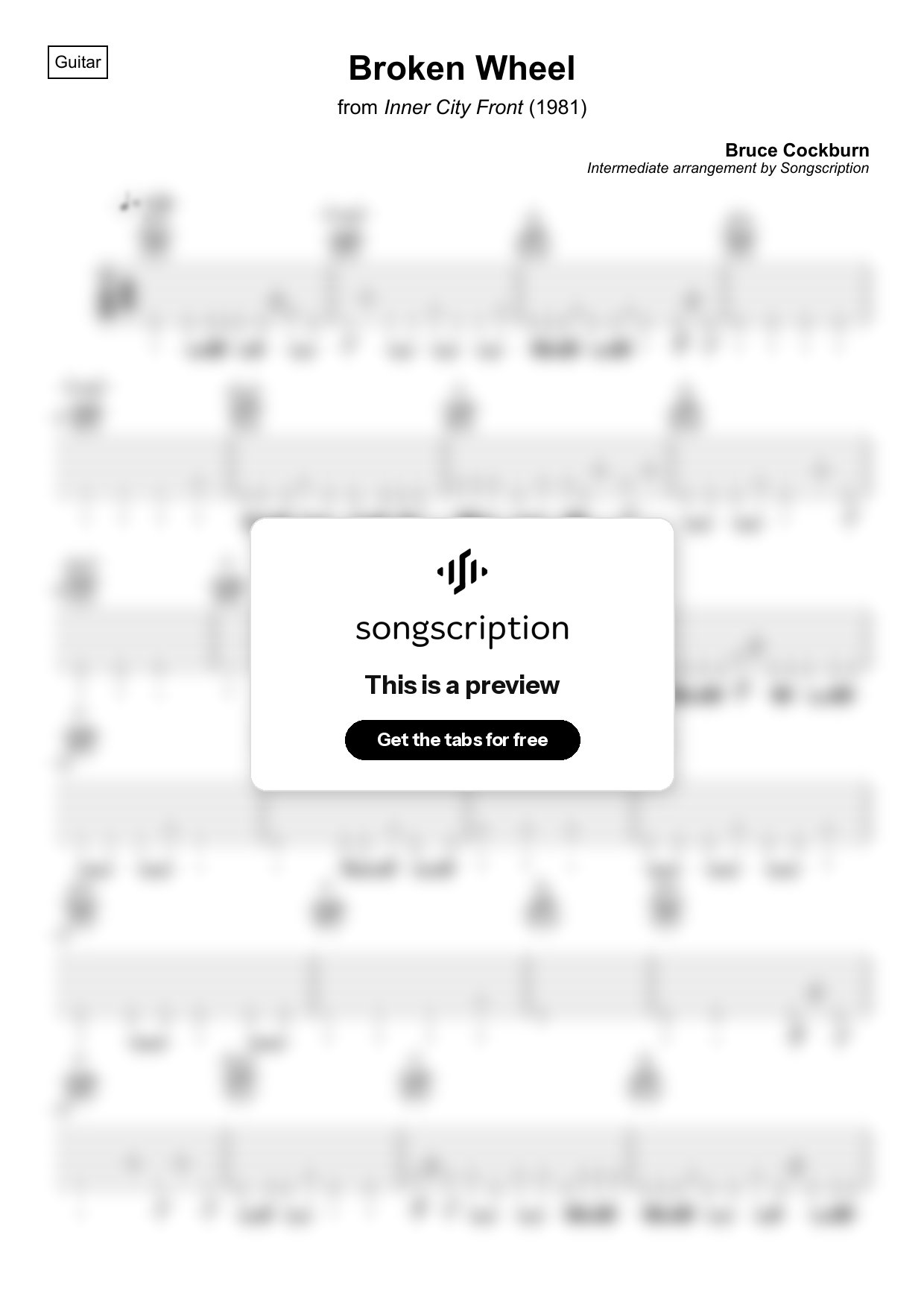 Intermediate Acoustic Guitar Tabs for "Broken Wheel" by Bruce Cockburn