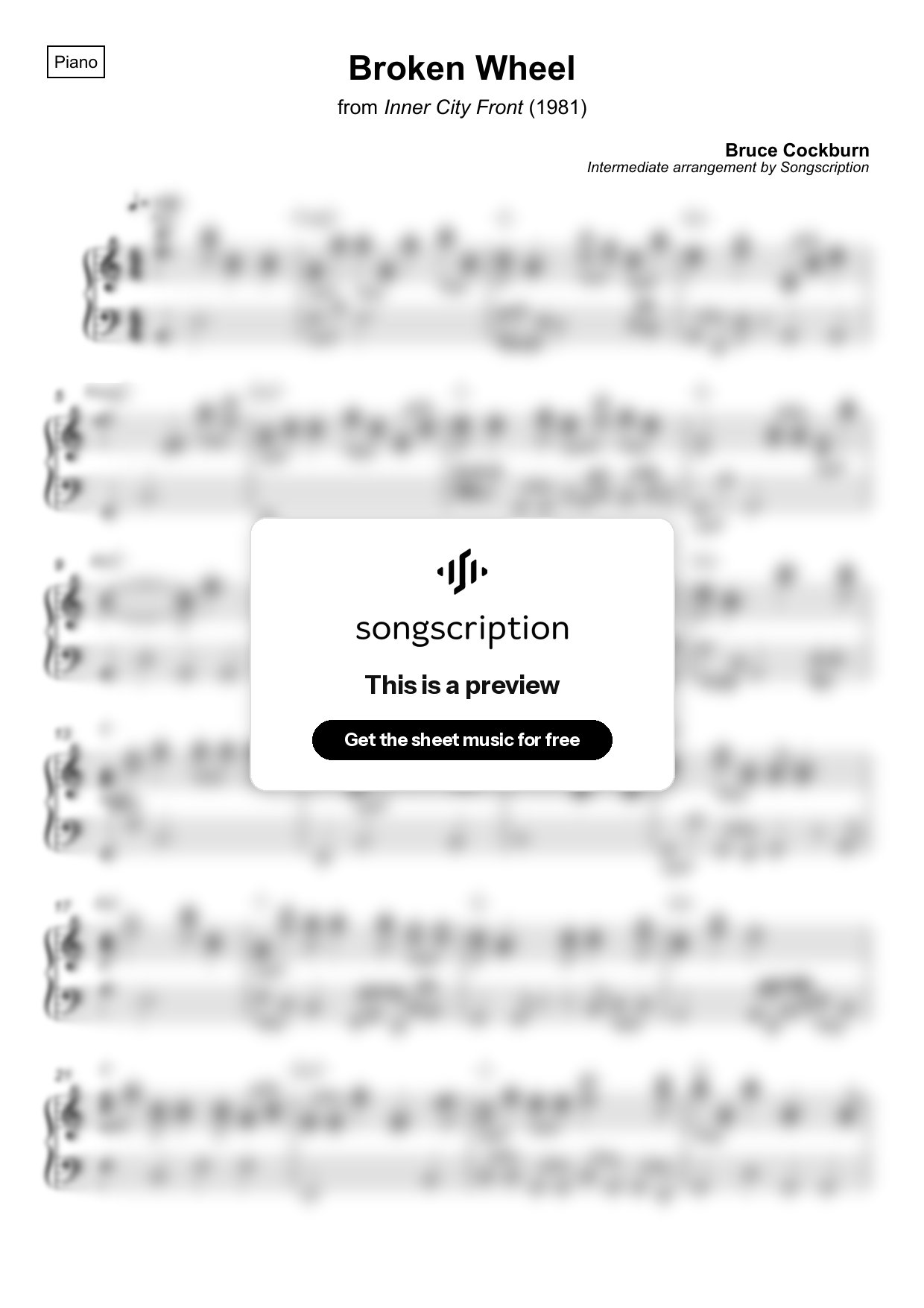 Intermediate Piano Sheet Music for "Broken Wheel" by Bruce Cockburn