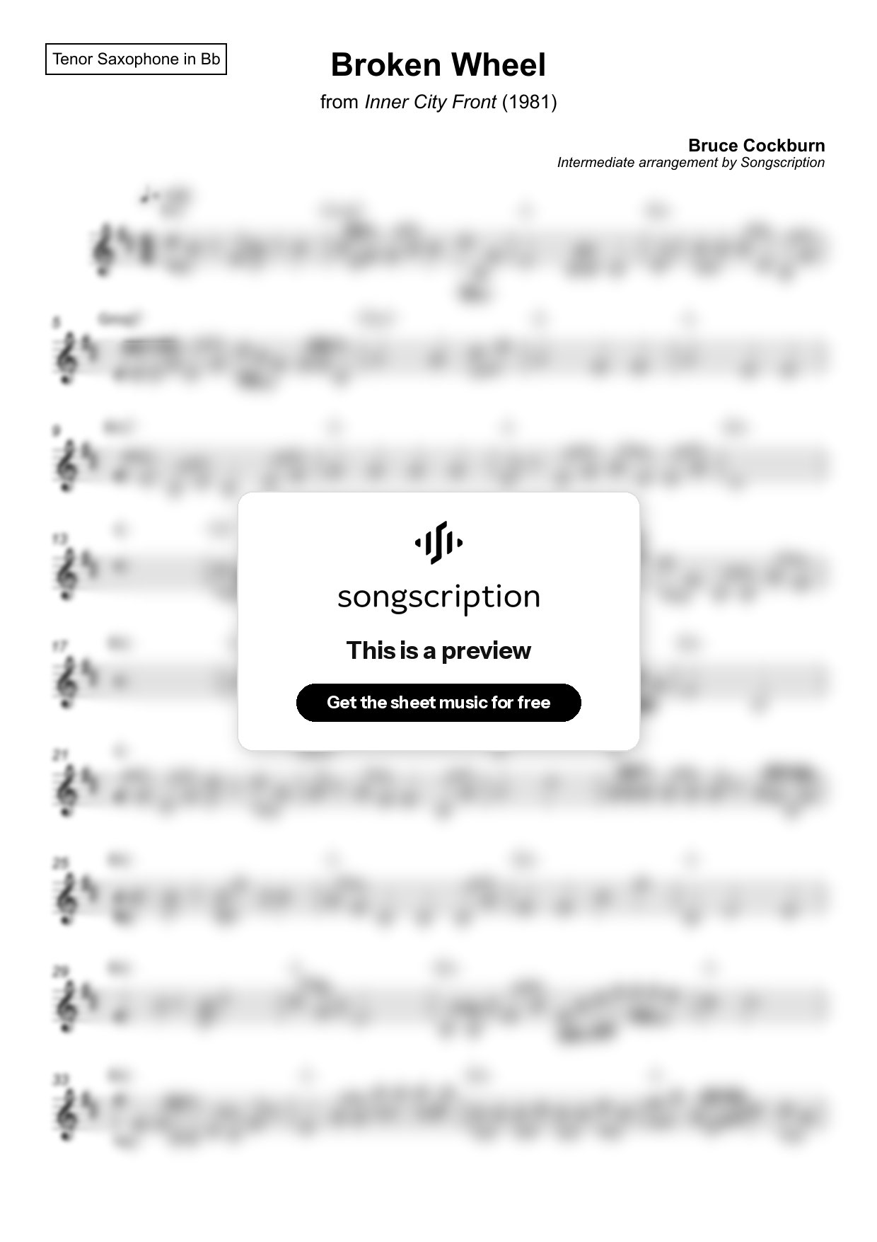 Intermediate Tenor Sax Sheet Music for "Broken Wheel" by Bruce Cockburn