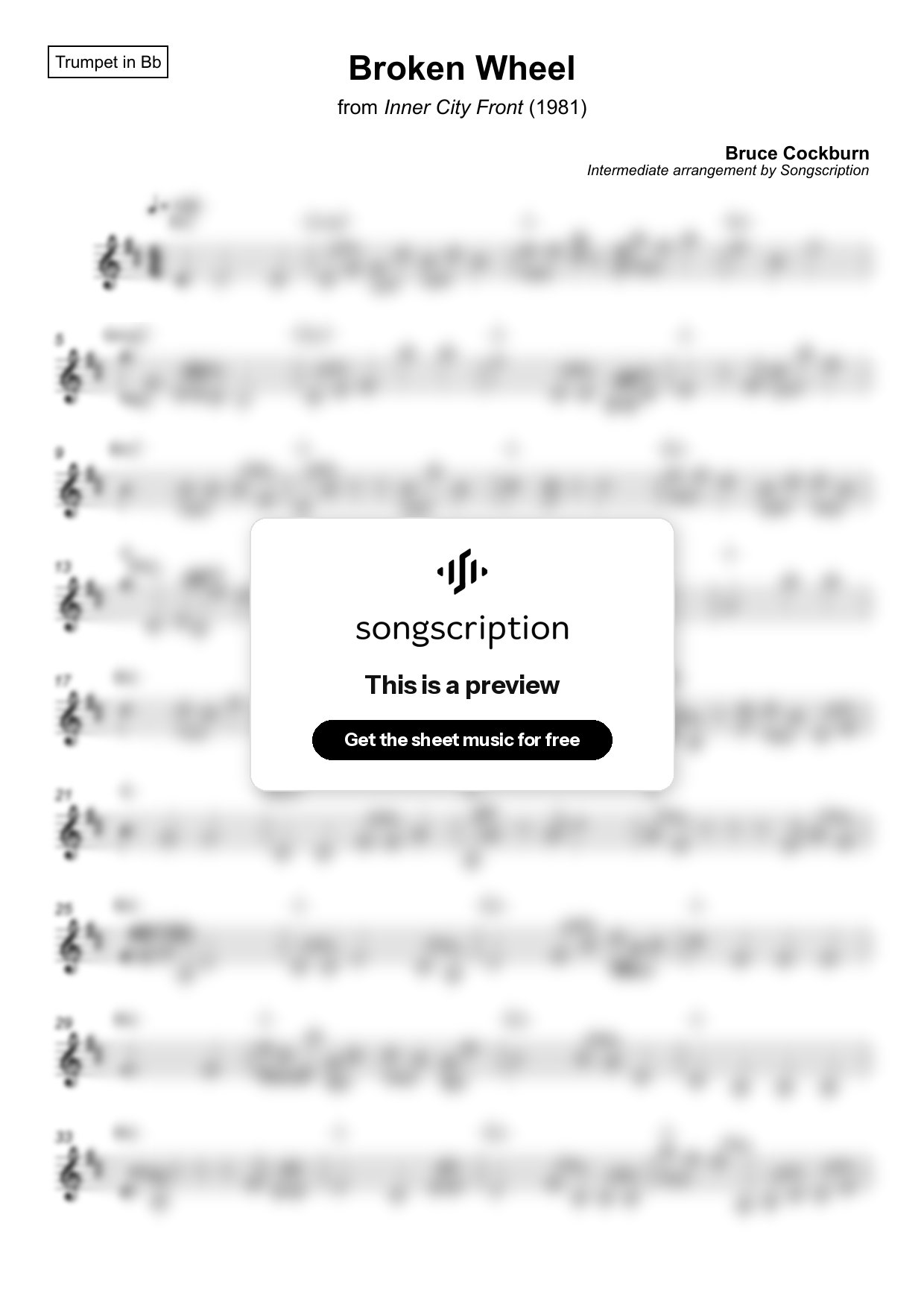 Intermediate Trumpet Sheet Music for "Broken Wheel" by Bruce Cockburn