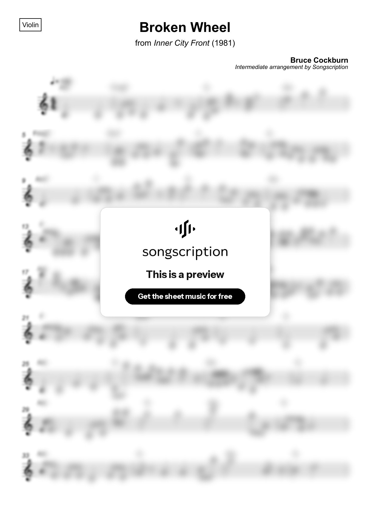 Intermediate Violin Sheet Music for "Broken Wheel" by Bruce Cockburn