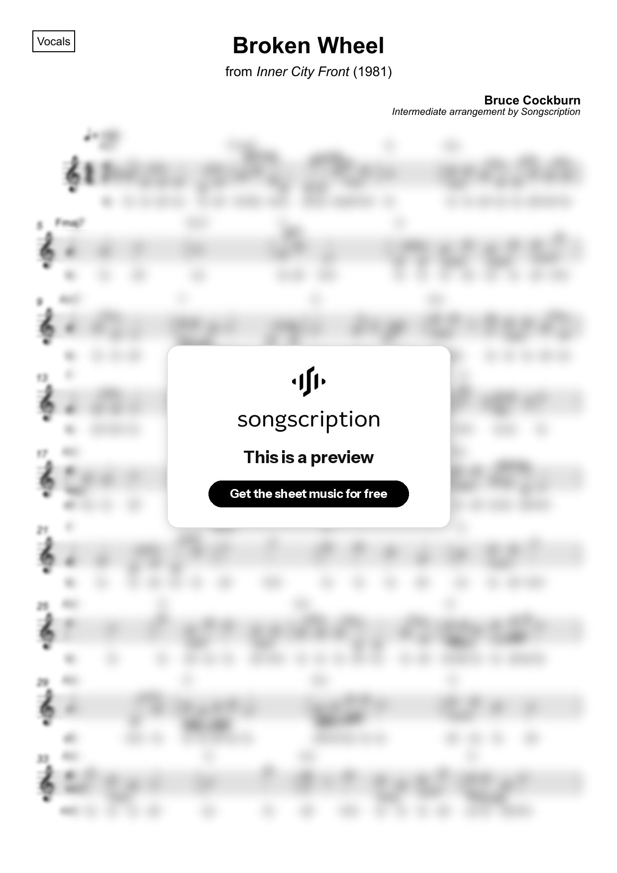 Intermediate Vocals Sheet Music for "Broken Wheel" by Bruce Cockburn
