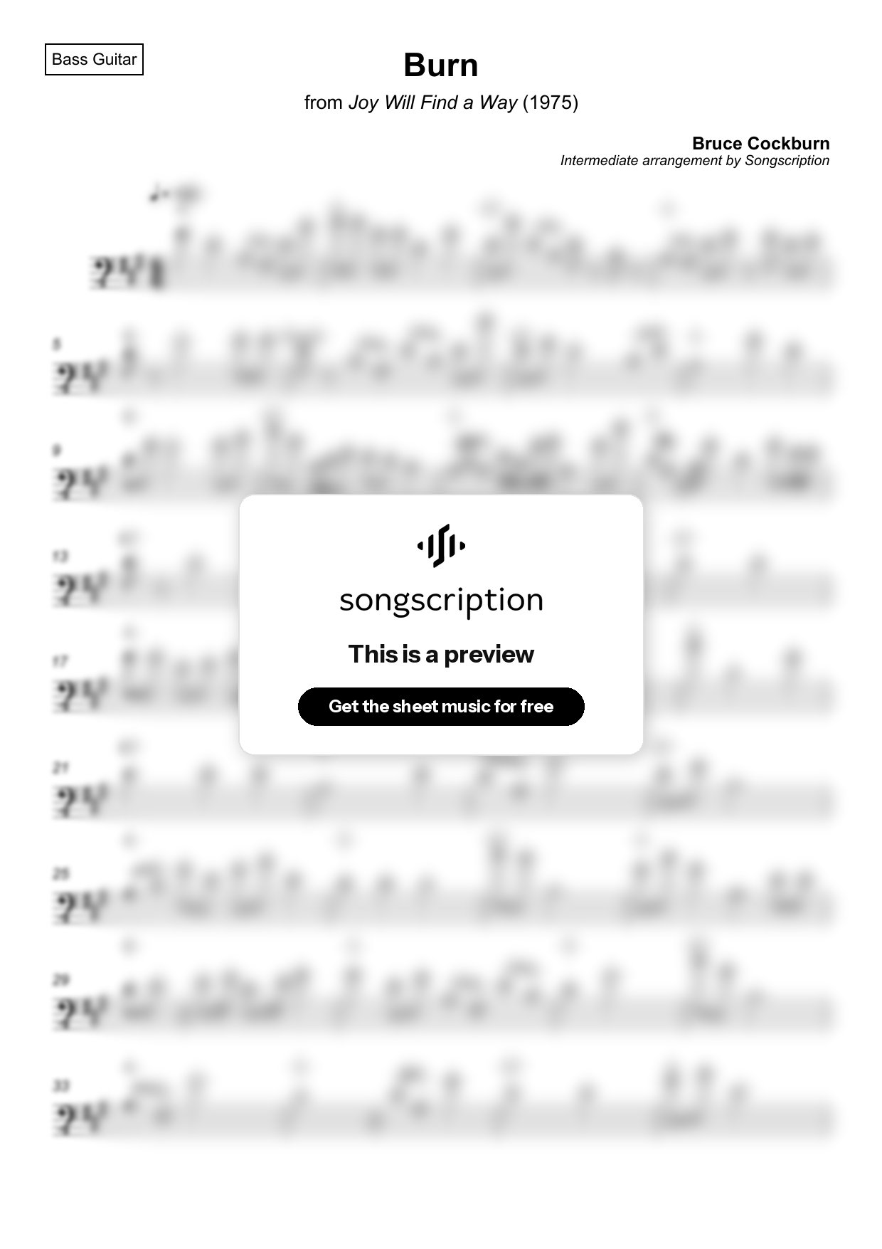 Intermediate Bass Guitar Sheet Music for "Burn" by Bruce Cockburn