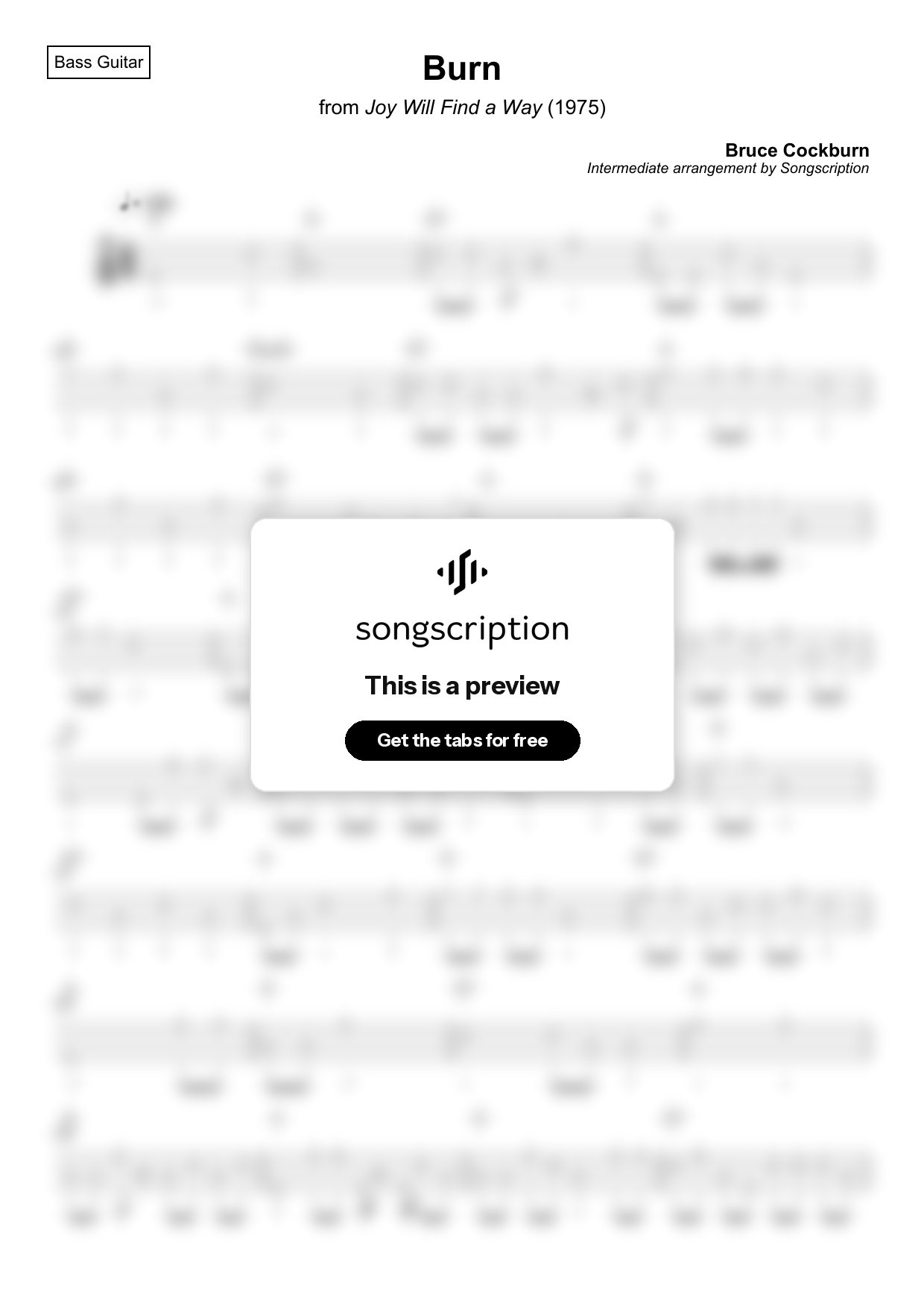 Intermediate Bass Guitar Tabs for "Burn" by Bruce Cockburn
