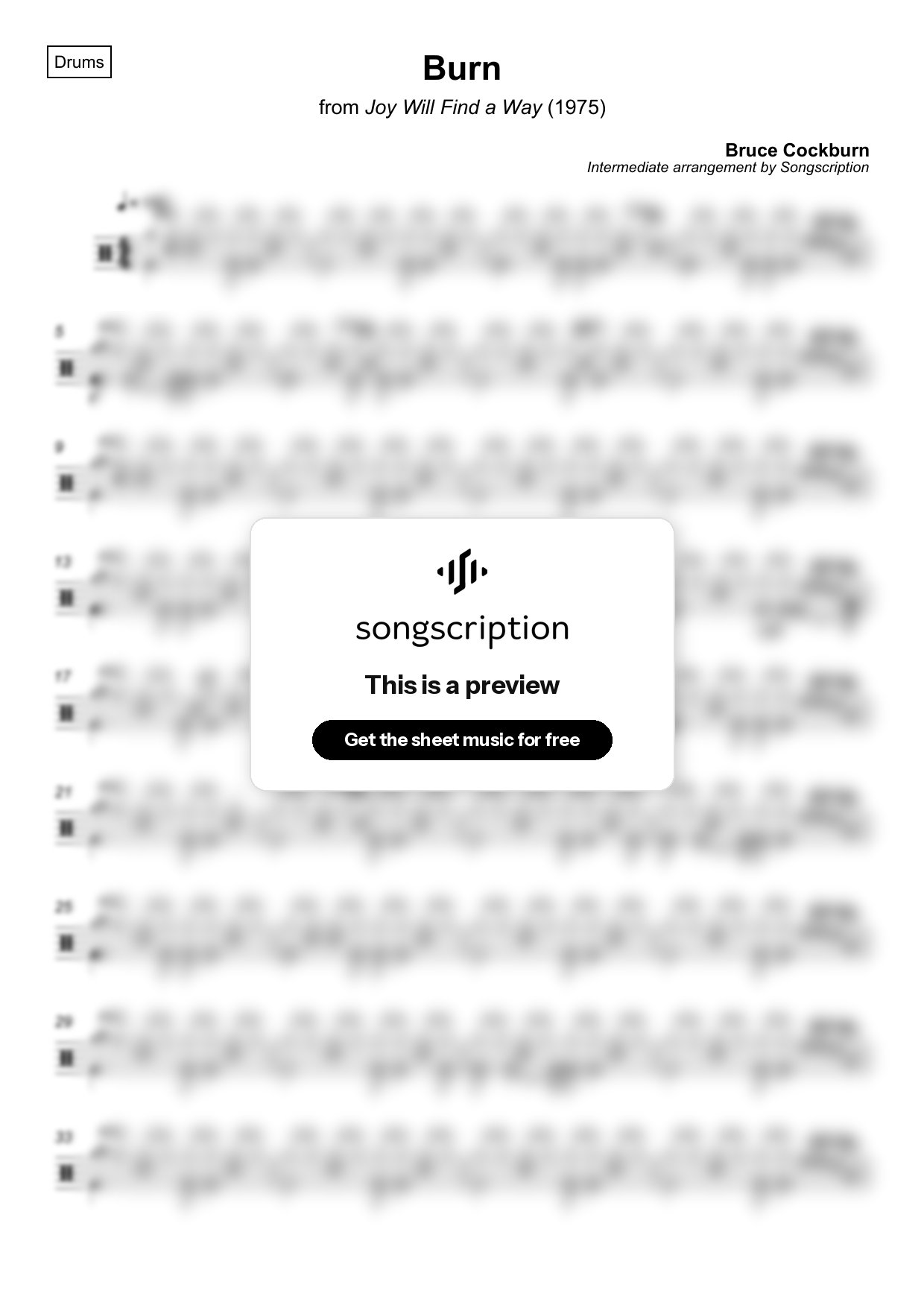 Intermediate Drums Sheet Music for "Burn" by Bruce Cockburn