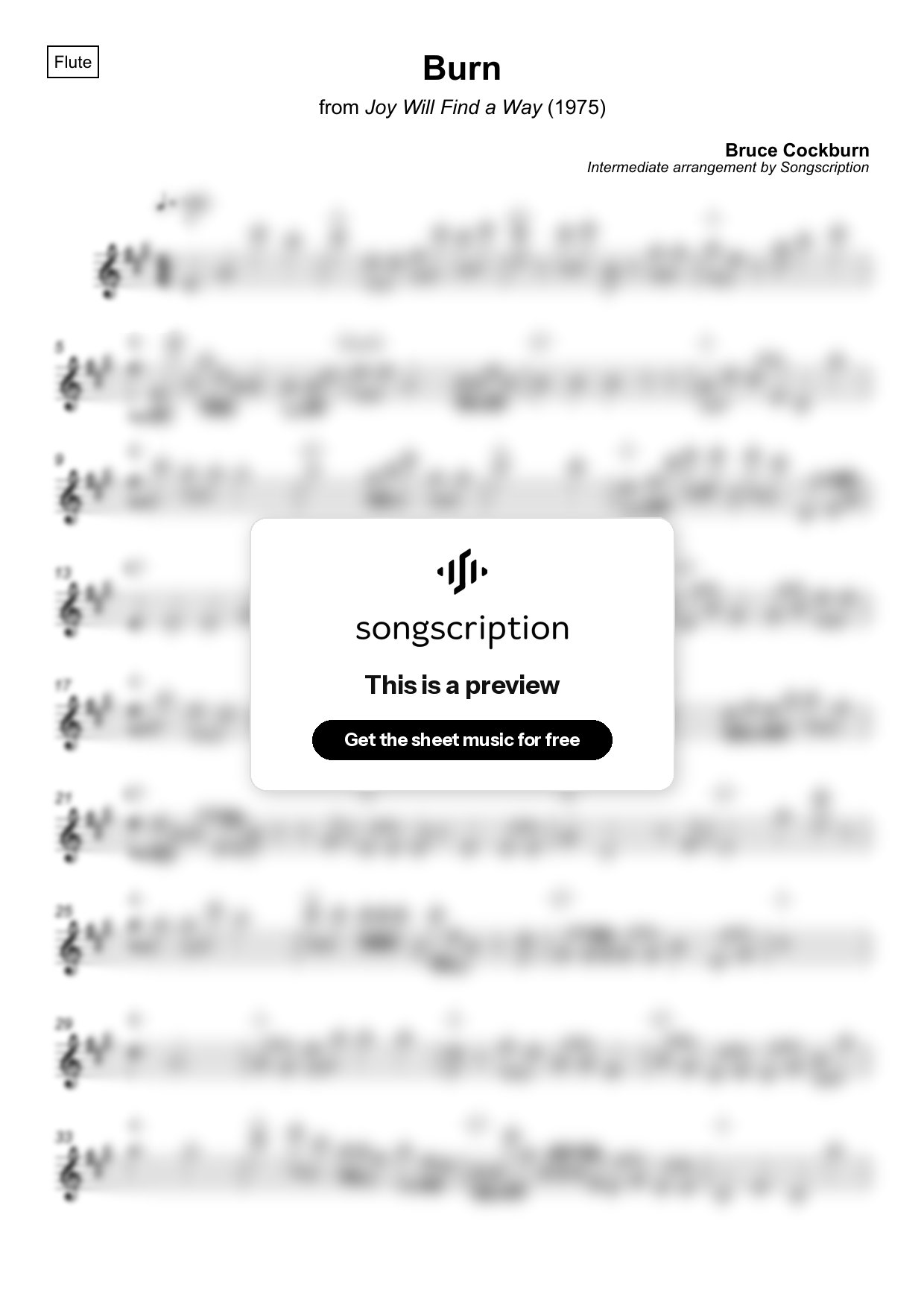 Intermediate Flute Sheet Music for "Burn" by Bruce Cockburn