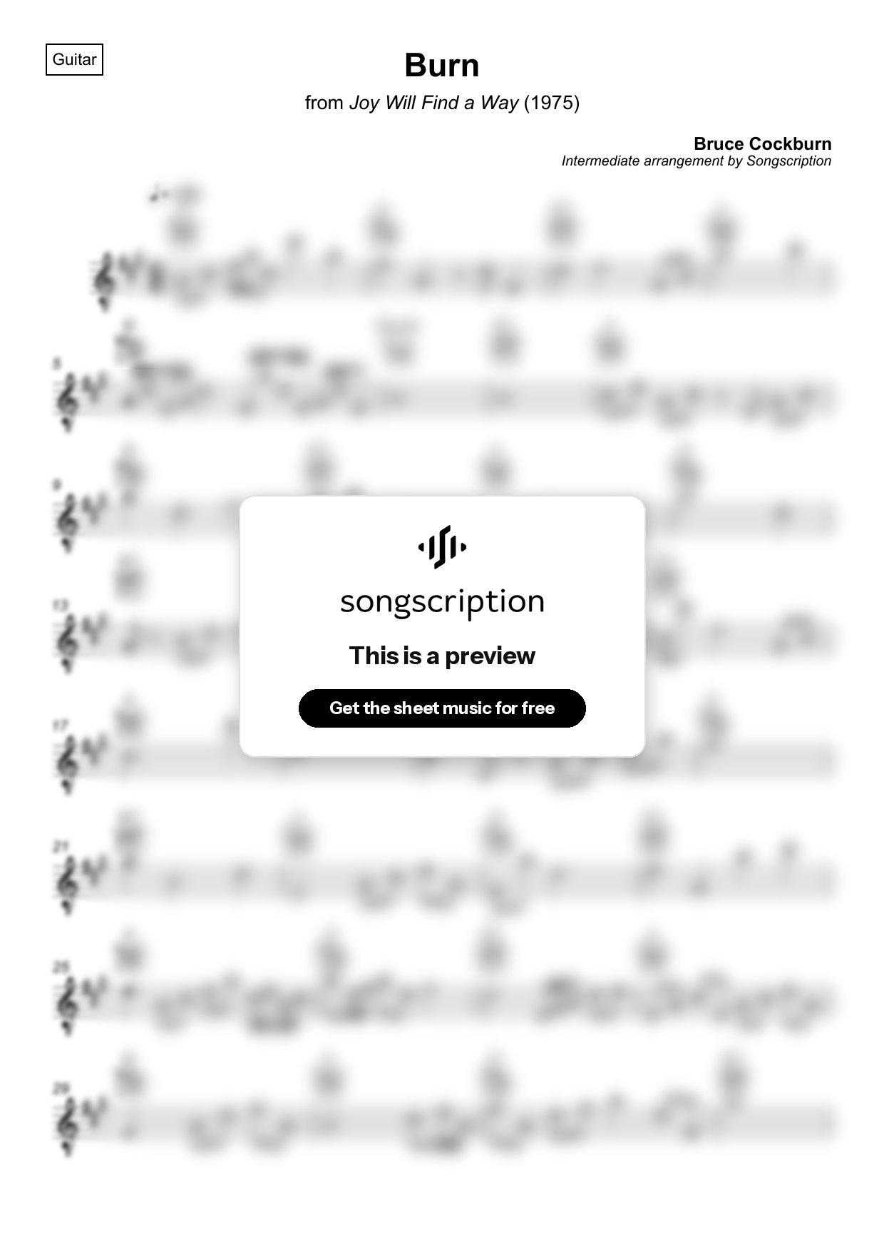 Intermediate Acoustic Guitar Sheet Music for "Burn" by Bruce Cockburn