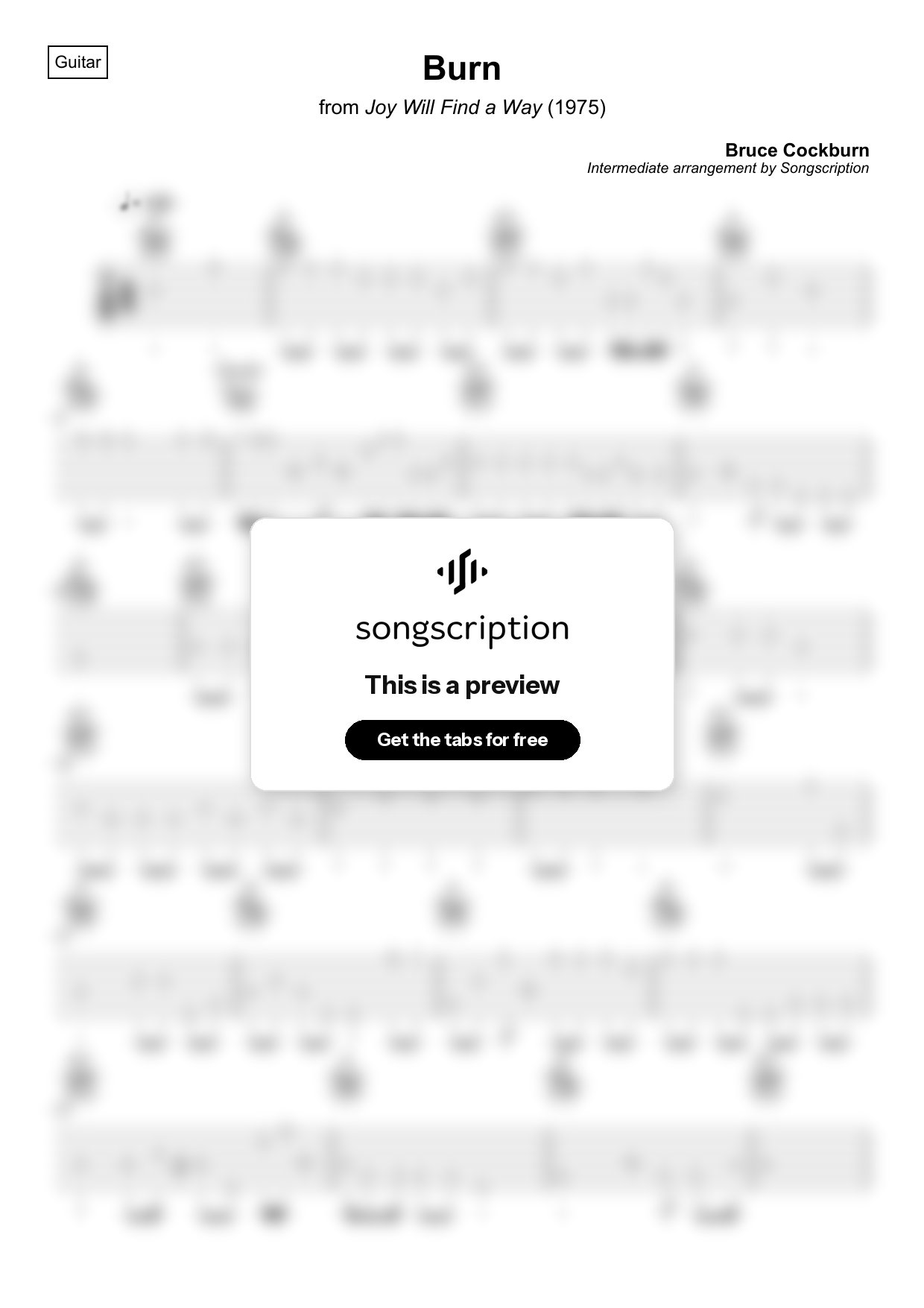 Intermediate Acoustic Guitar Tabs for "Burn" by Bruce Cockburn