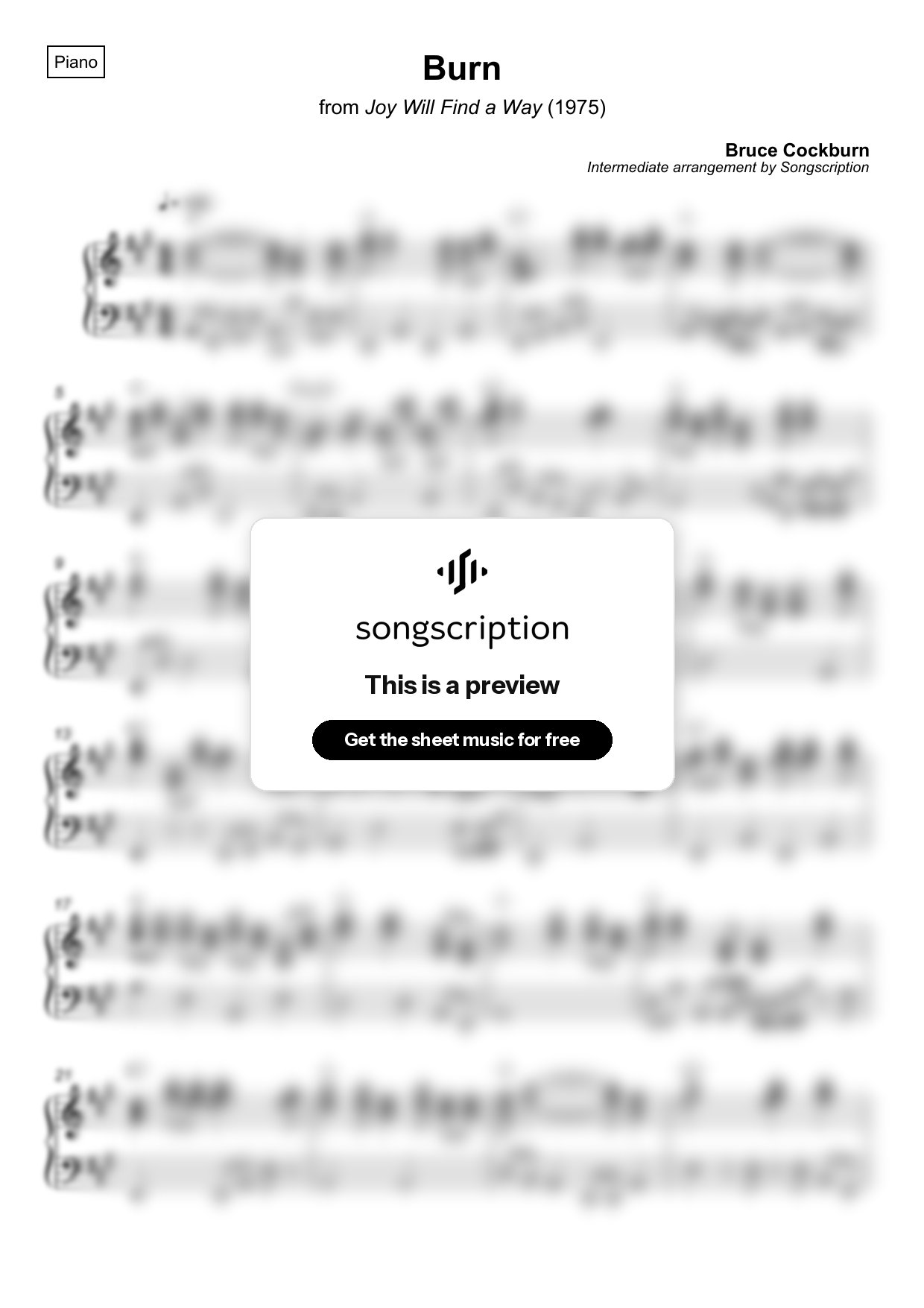 Intermediate Piano Sheet Music for "Burn" by Bruce Cockburn