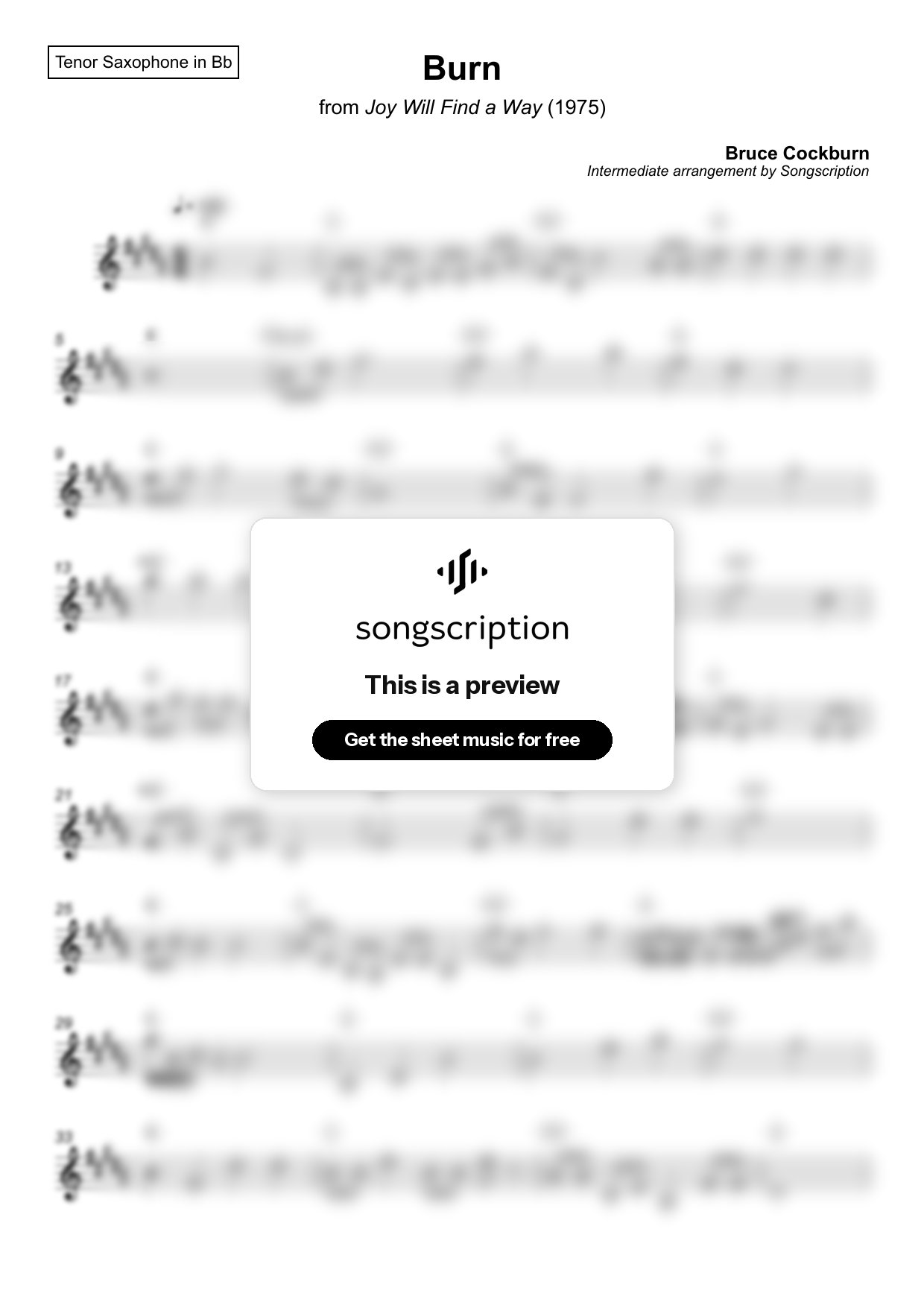 Intermediate Tenor Sax Sheet Music for "Burn" by Bruce Cockburn