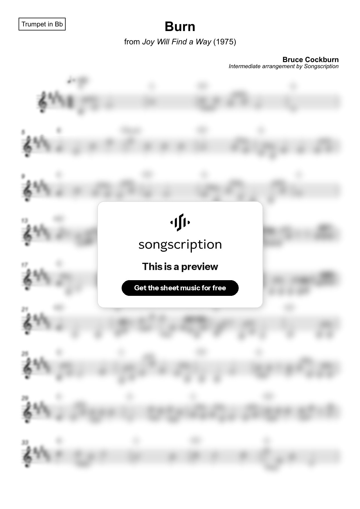 Intermediate Trumpet Sheet Music for "Burn" by Bruce Cockburn