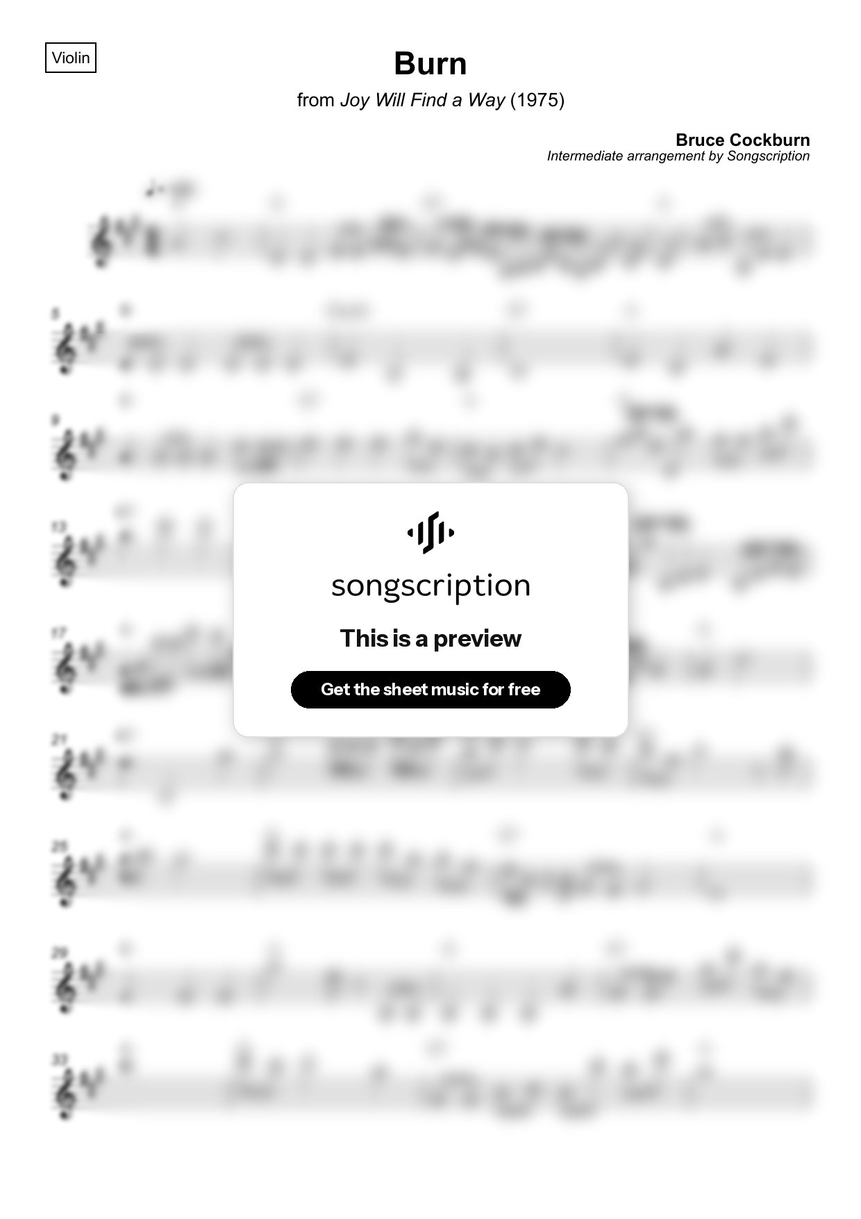 Intermediate Violin Sheet Music for "Burn" by Bruce Cockburn