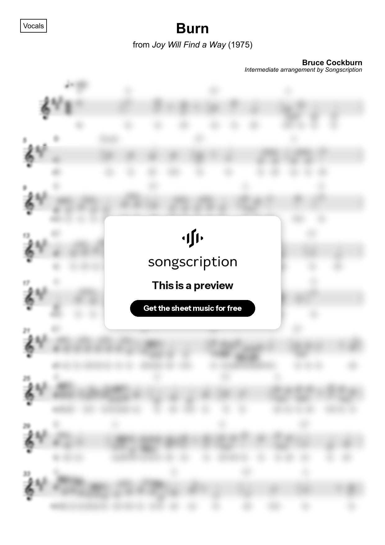 Intermediate Vocals Sheet Music for "Burn" by Bruce Cockburn