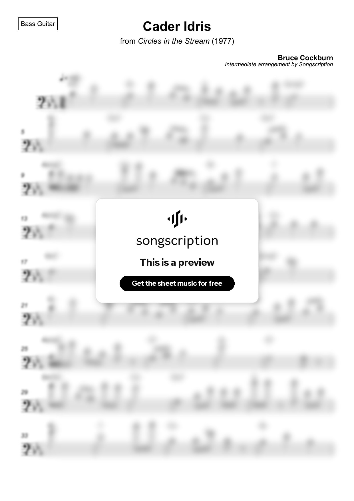 Intermediate Bass Guitar Sheet Music for "Cader Idris" by Bruce Cockburn