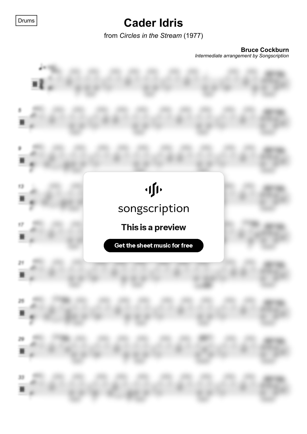 Intermediate Drums Sheet Music for "Cader Idris" by Bruce Cockburn