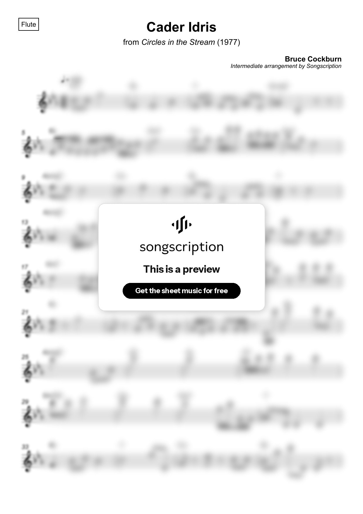 Intermediate Flute Sheet Music for "Cader Idris" by Bruce Cockburn