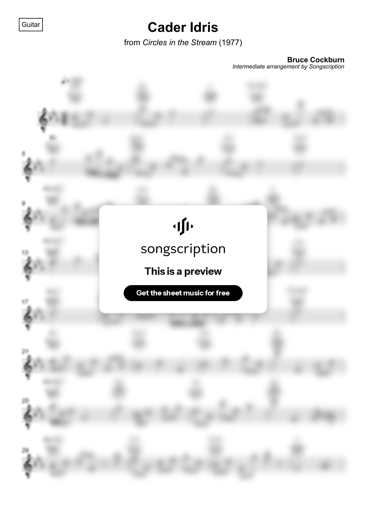 Intermediate Acoustic Guitar Sheet Music for "Cader Idris" by Bruce Cockburn