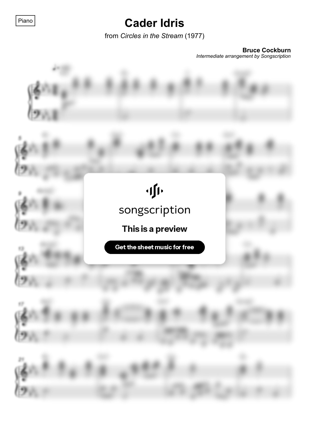 Intermediate Piano Sheet Music for "Cader Idris" by Bruce Cockburn