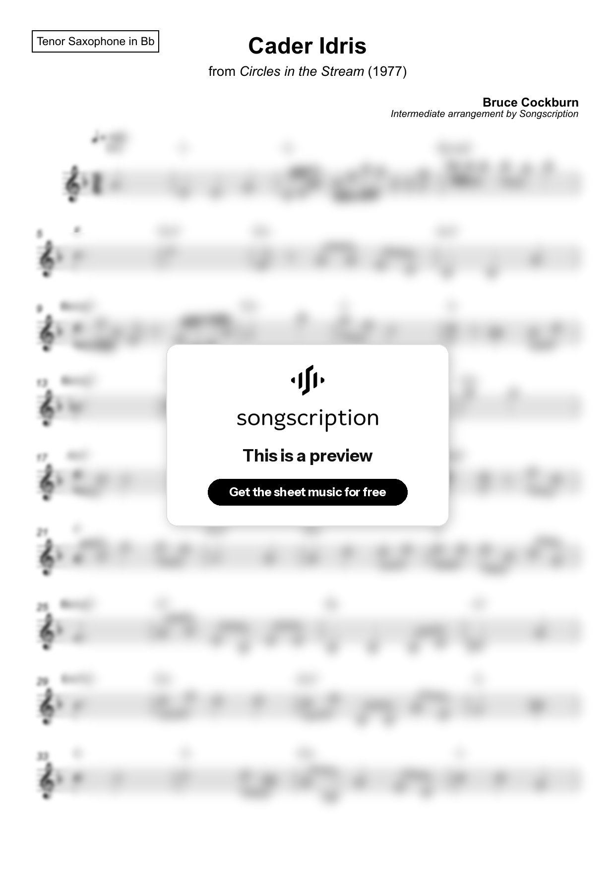 Intermediate Tenor Sax Sheet Music for "Cader Idris" by Bruce Cockburn