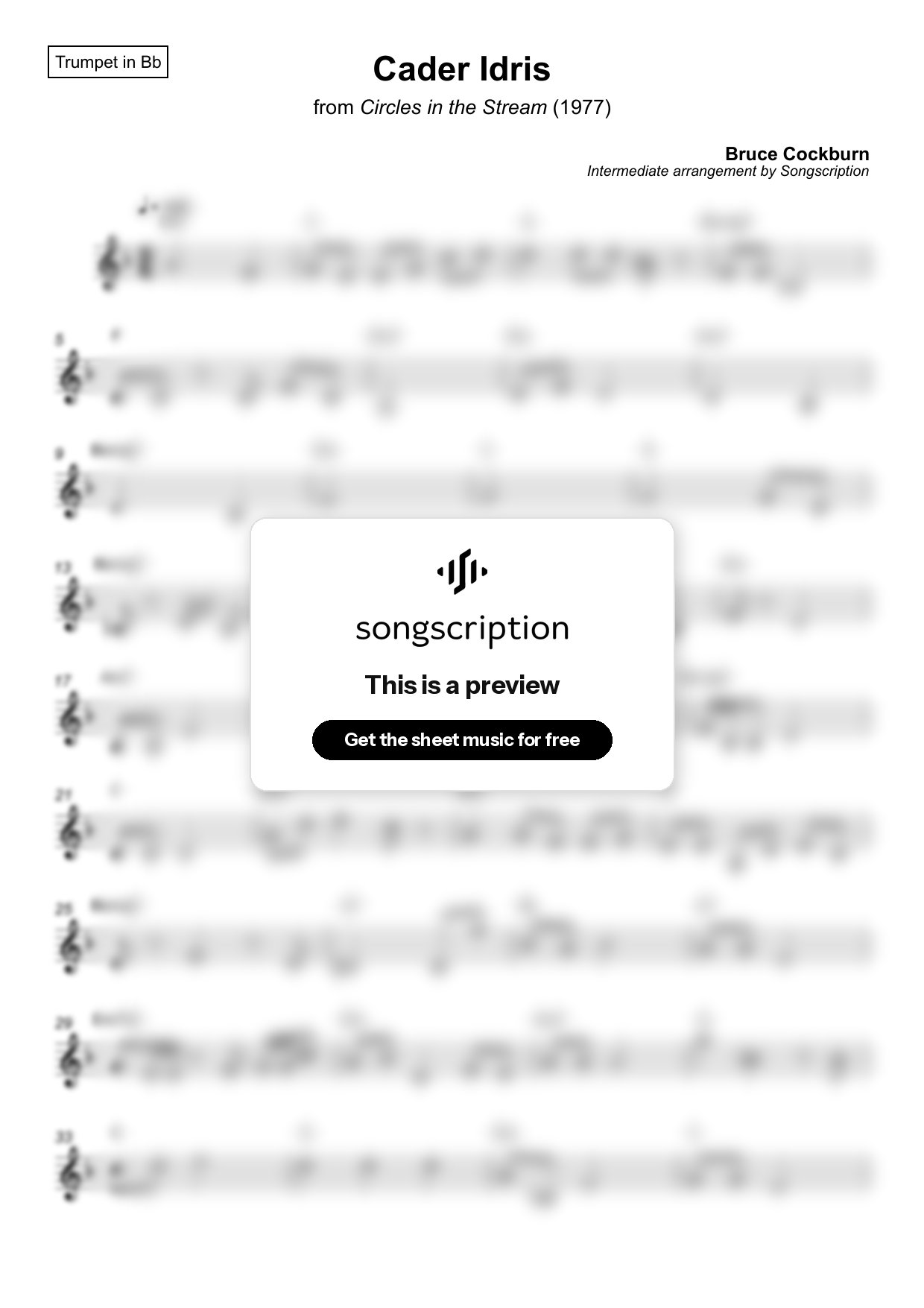 Intermediate Trumpet Sheet Music for "Cader Idris" by Bruce Cockburn