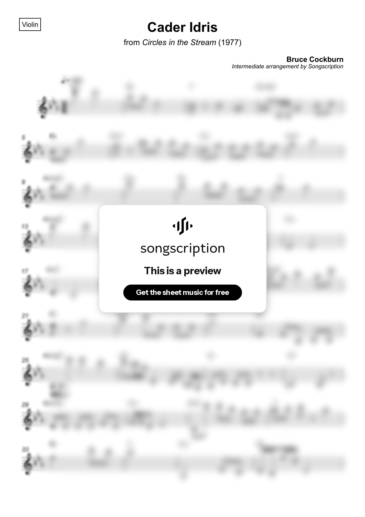 Intermediate Violin Sheet Music for "Cader Idris" by Bruce Cockburn