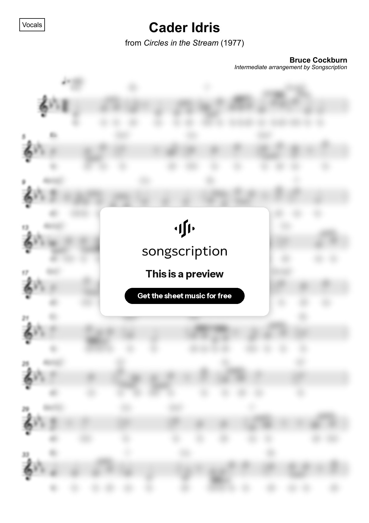 Intermediate Vocals Sheet Music for "Cader Idris" by Bruce Cockburn
