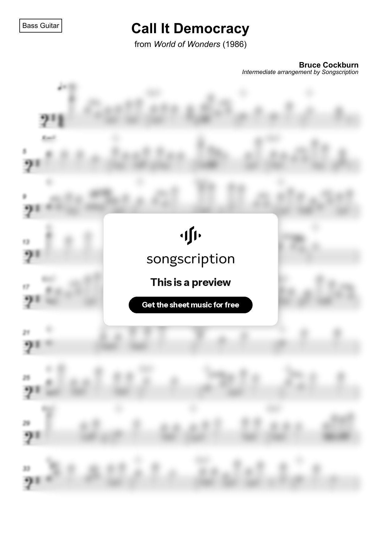 Intermediate Bass Guitar Sheet Music for "Call It Democracy" by Bruce Cockburn