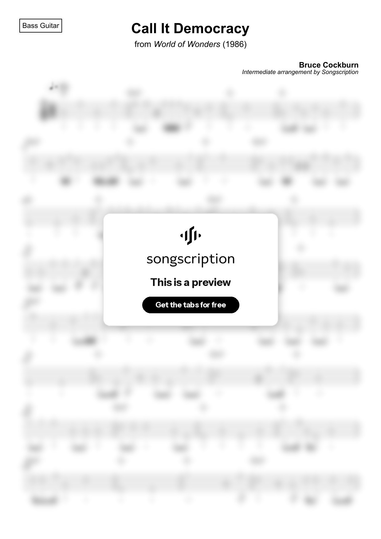 Intermediate Bass Guitar Tabs for "Call It Democracy" by Bruce Cockburn